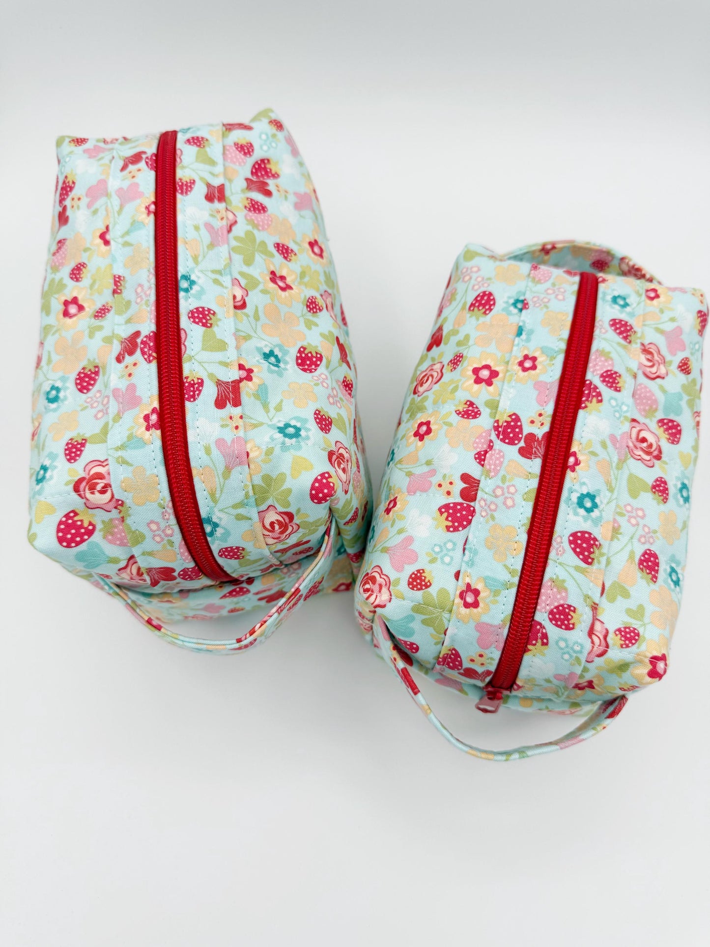 Blue Red Floral Strawberry Boxy Bag, Handmade Toiletry Case Size Medium