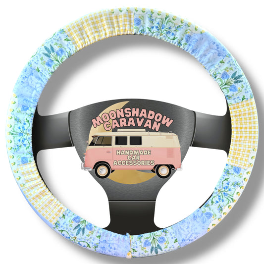 Blue Yellow Floral Patchwork Steering Wheel Cover, Universal Custom Fit w/ Grips Moonshadow Caravan