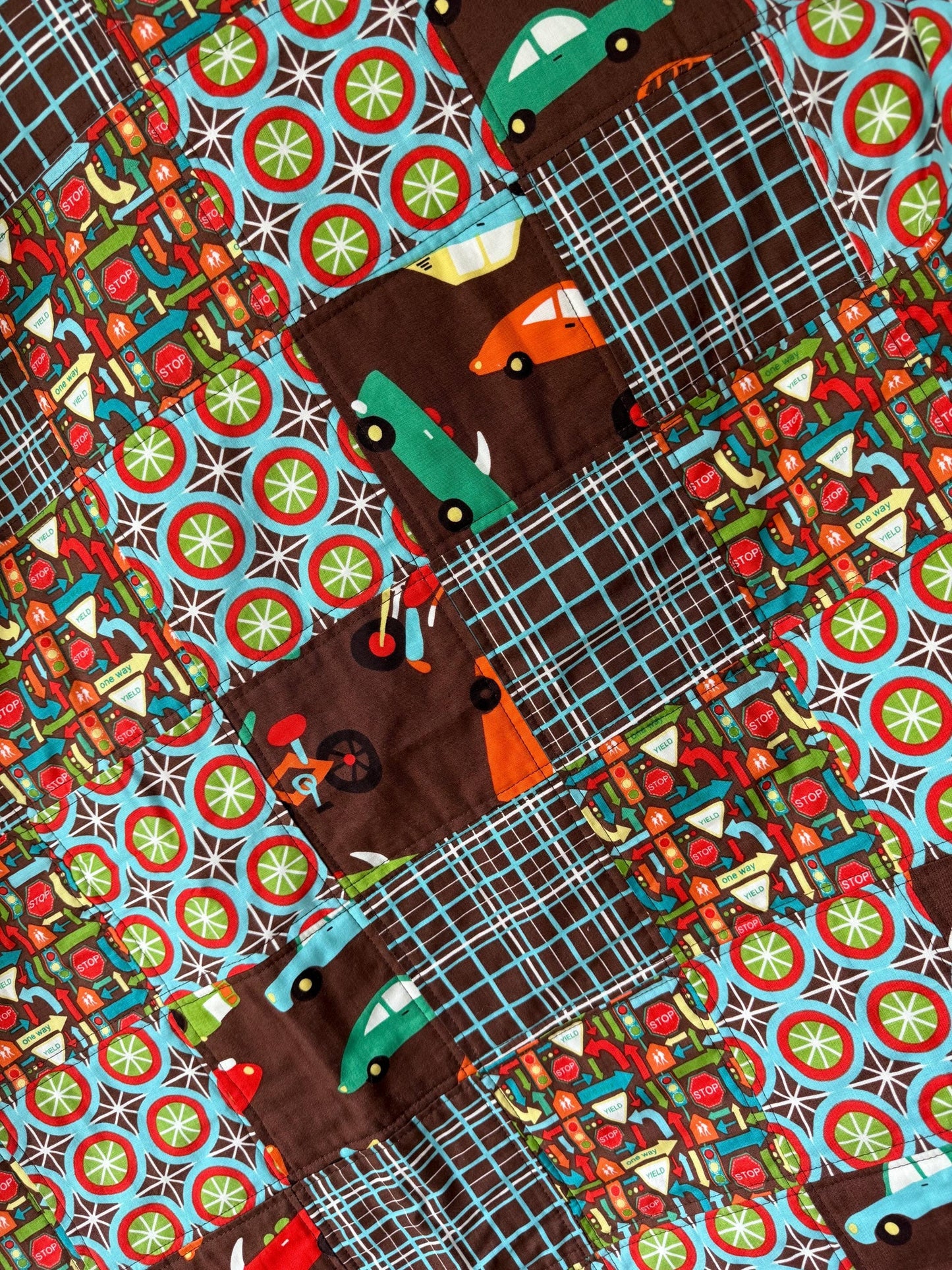 Handmade Vintage Car Baby Quilt, Cotton Baby Blanket