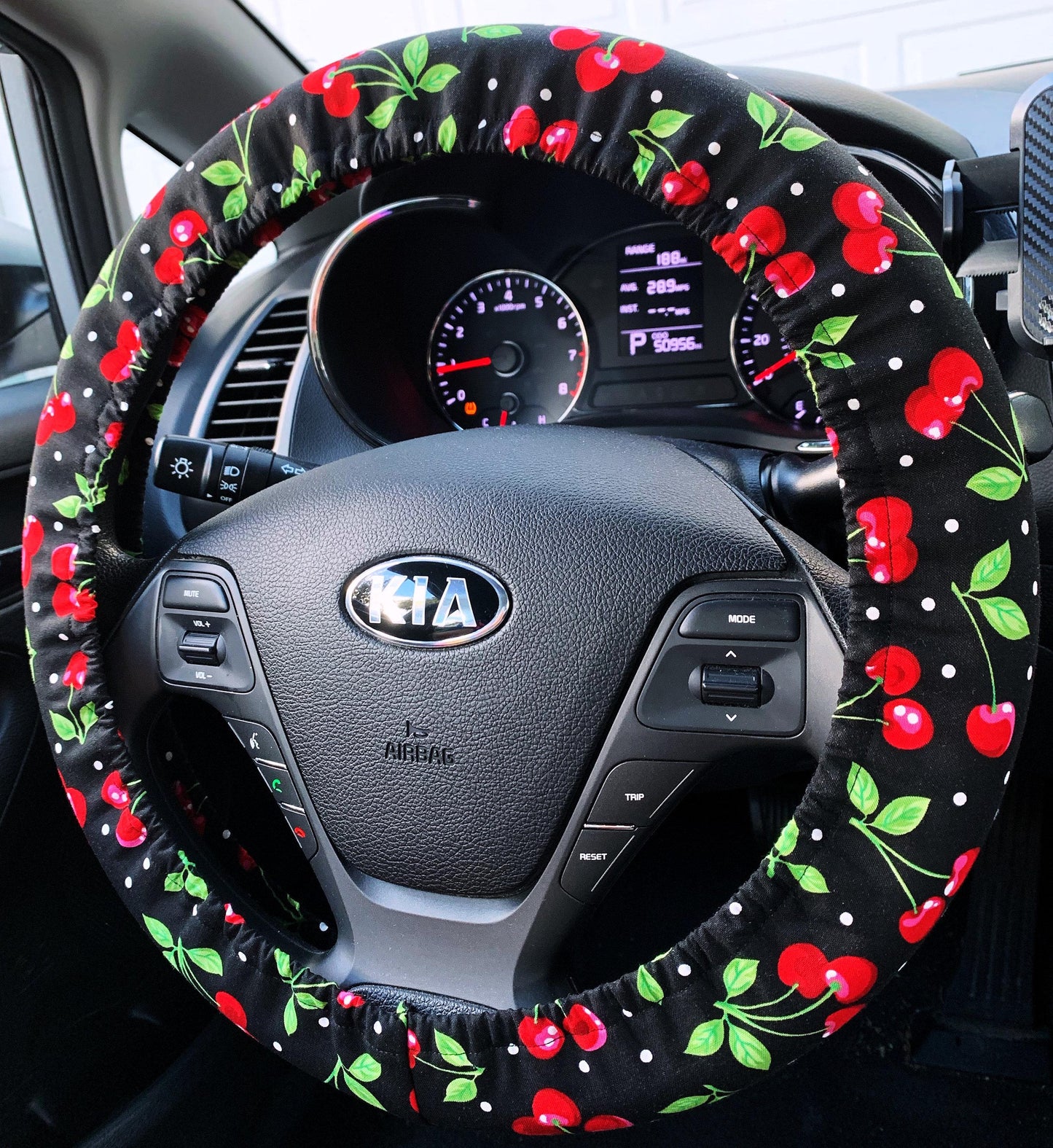 Cherries on Black Steering Wheel Cover