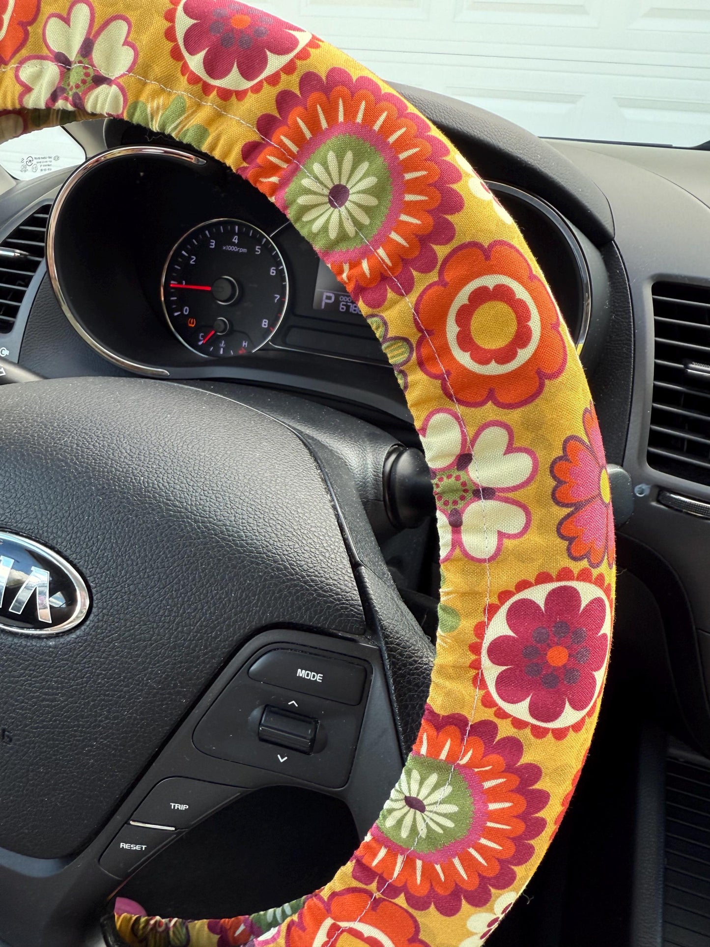 Yellow Green Retro Floral Steering Wheel Cover