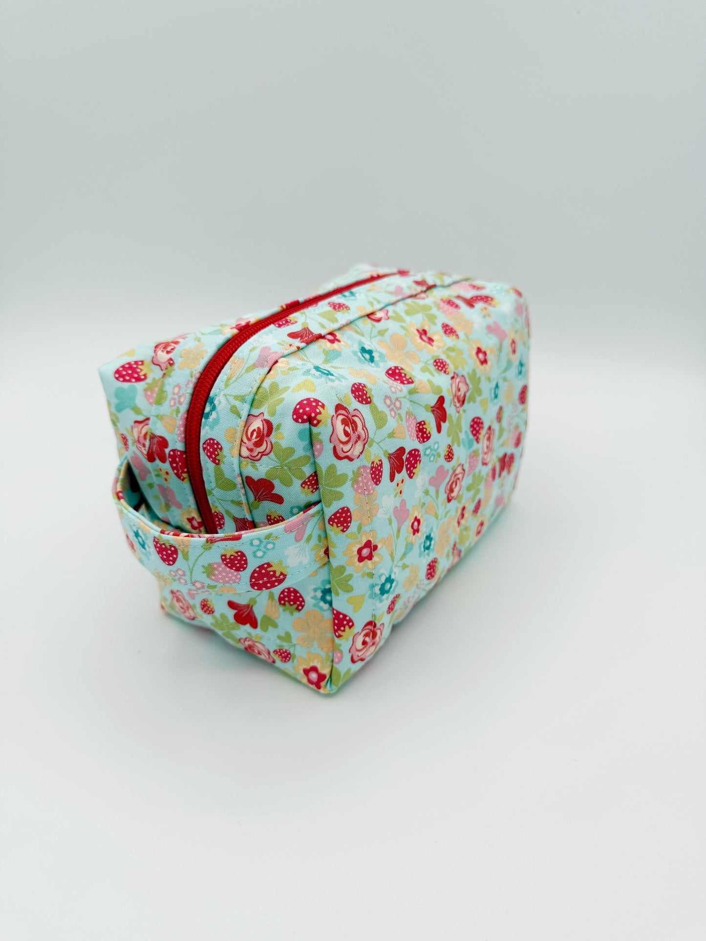 Blue Red Floral Boxy Bag, Handmade Toiletry Case Size Small