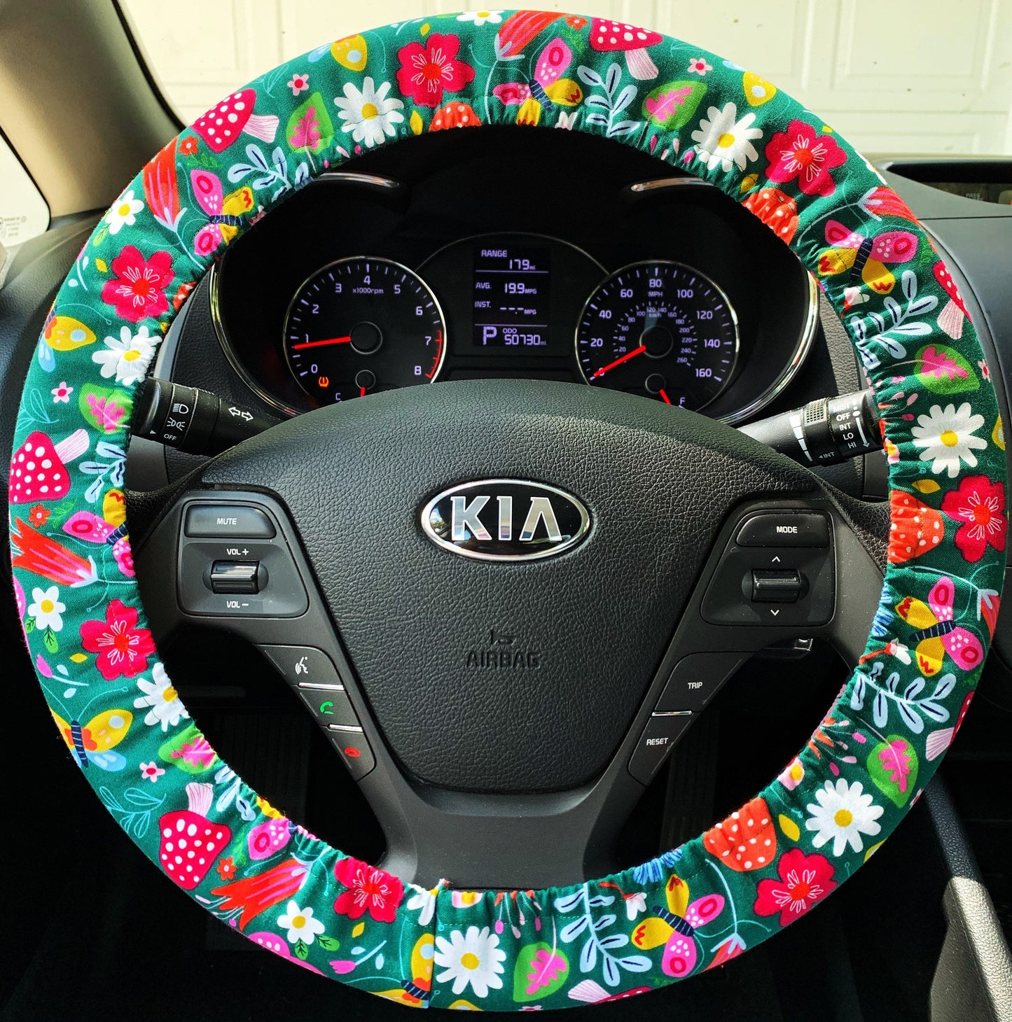 Green Woodland Steering Wheel Cover, Flowers & Mushrooms