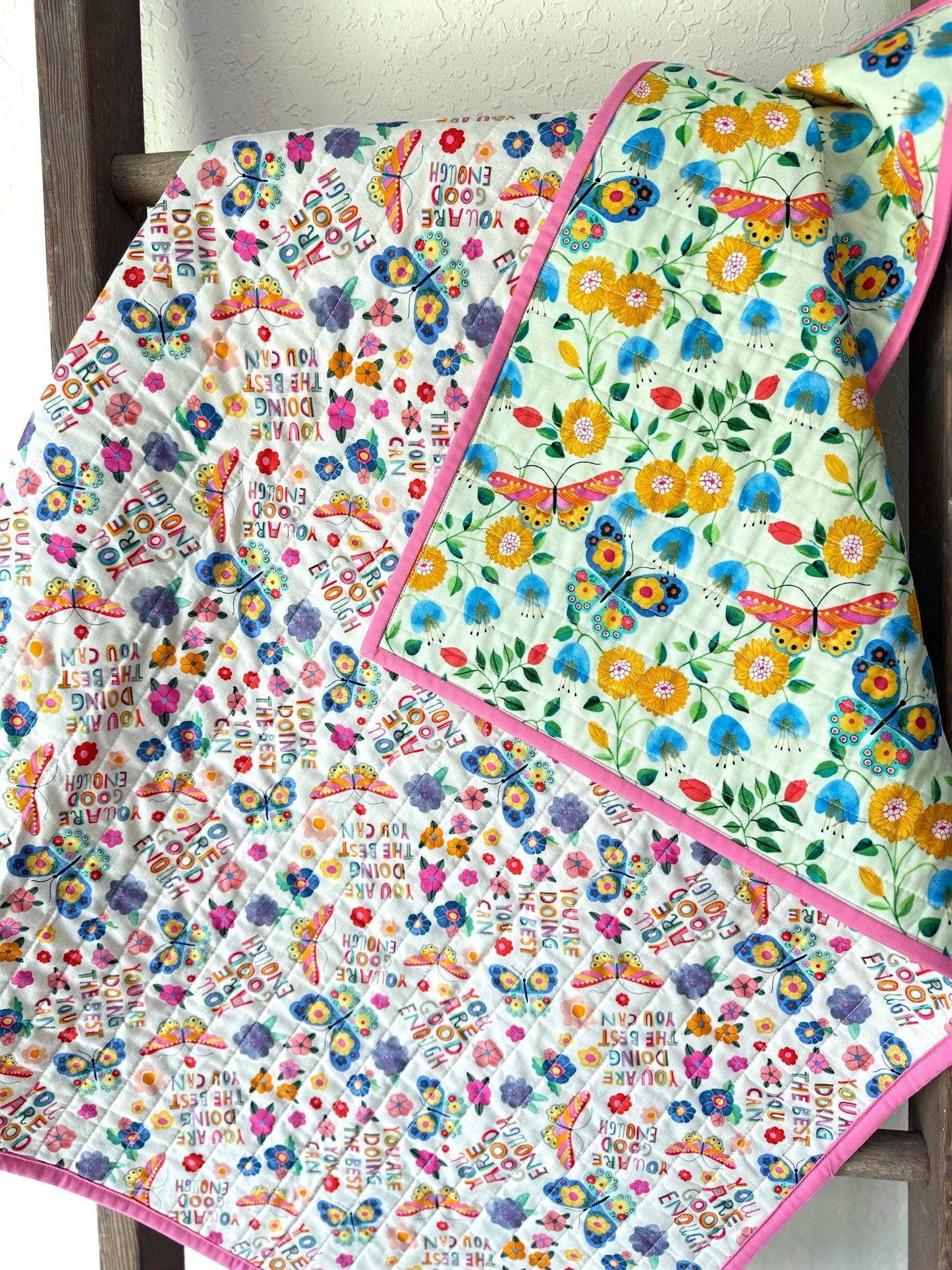 Handmade Butterfly Whole Cloth Quilt, Baby Size