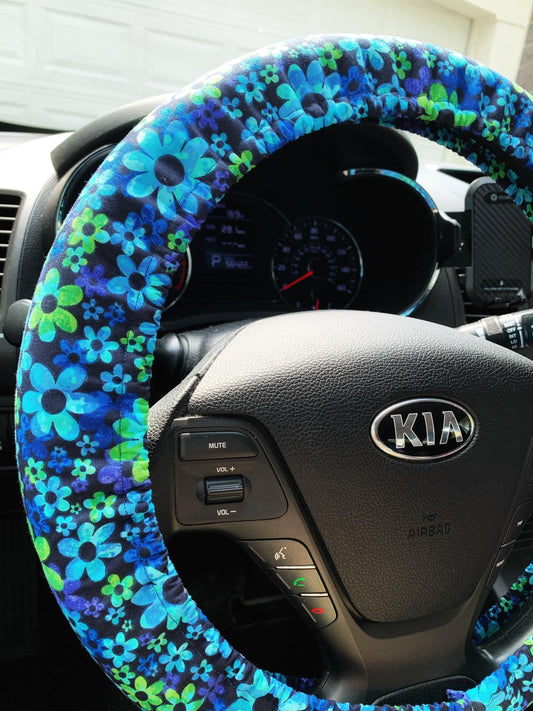 Purple, Green, Blue Floral Steering Wheel Cover