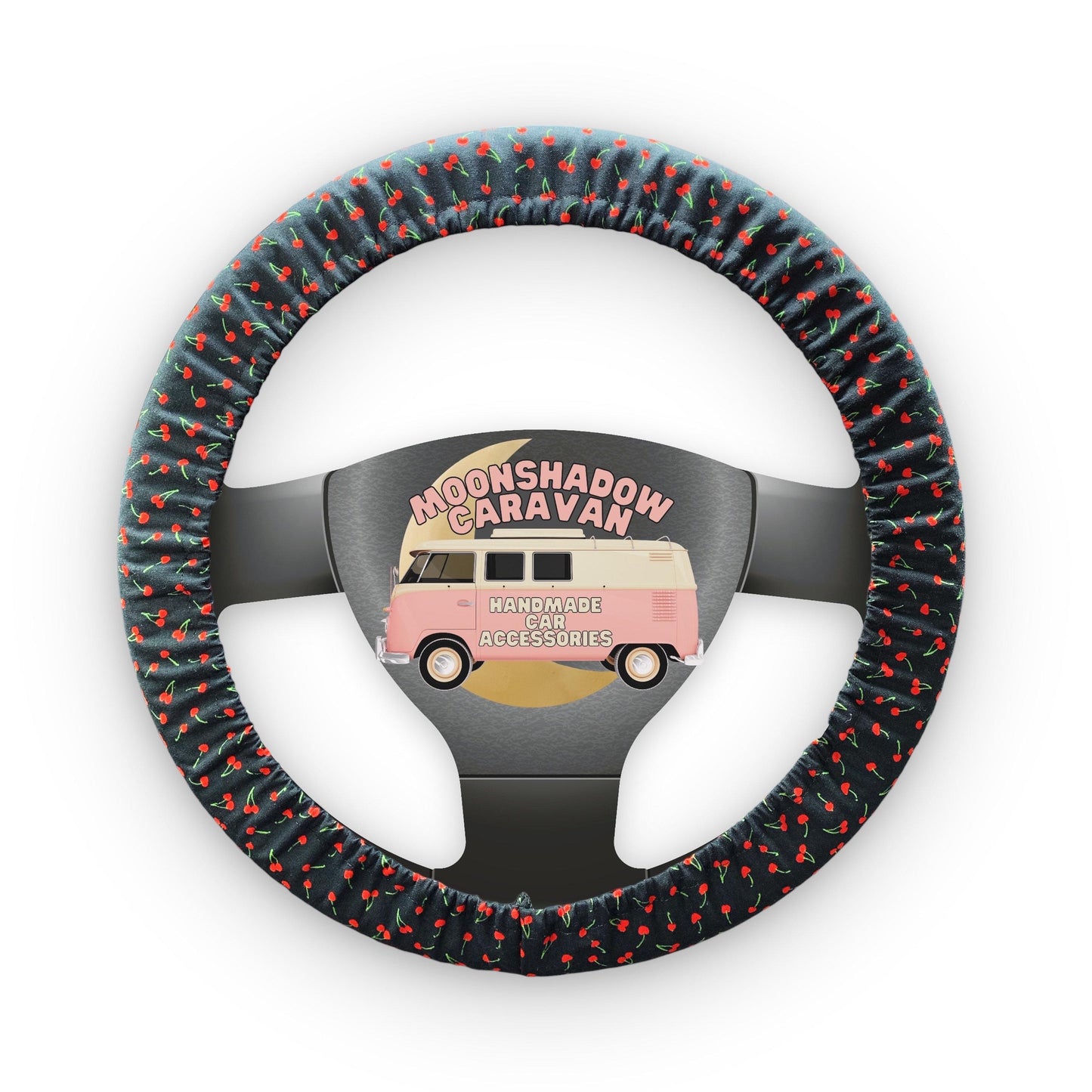 Tiny Cherries on Black Steering Wheel Cover