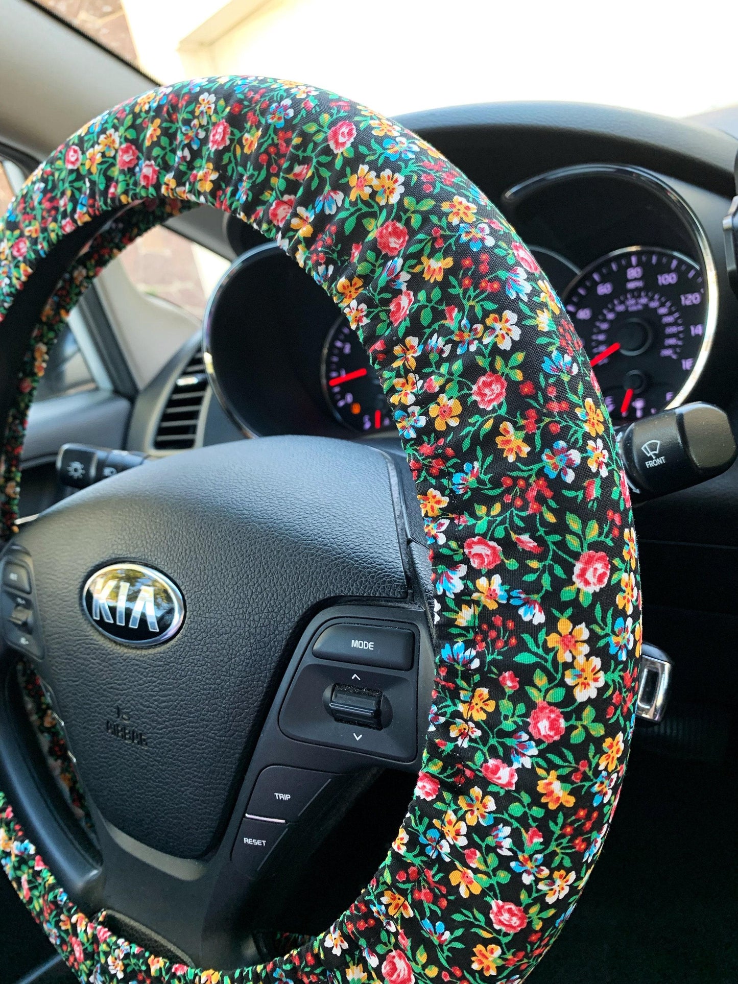 Wildflowers on Black Steering Wheel Cover