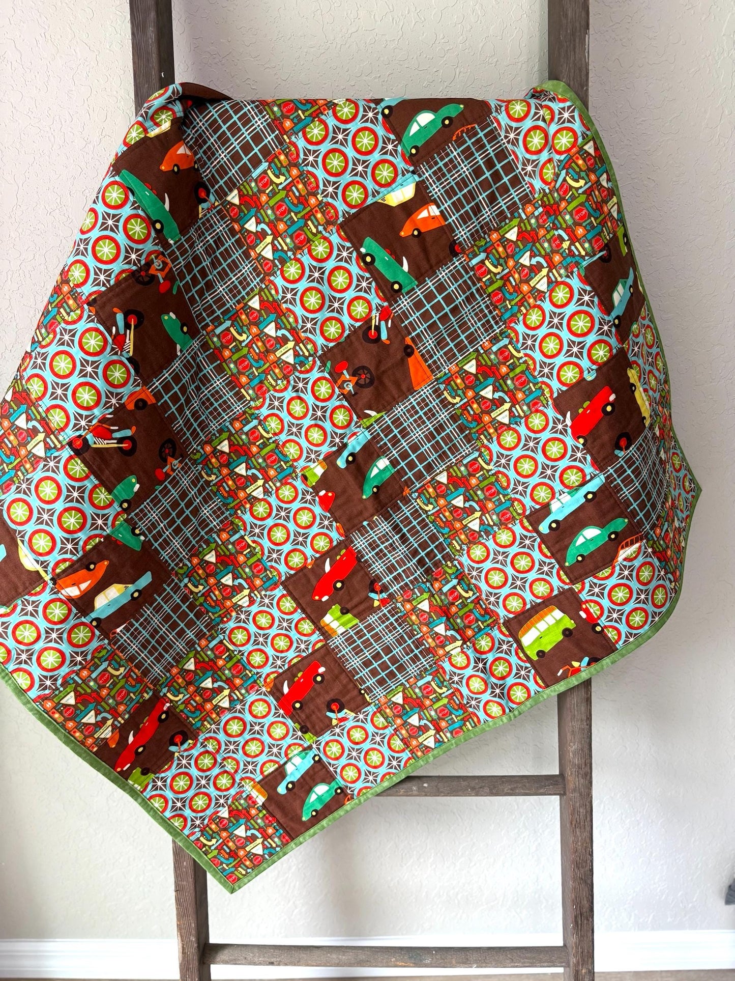 Handmade Vintage Car Baby Quilt, Cotton Baby Blanket