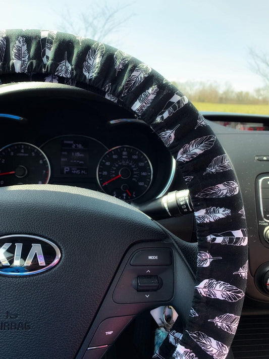 Black & White Boho Feather Steering Wheel Cover
