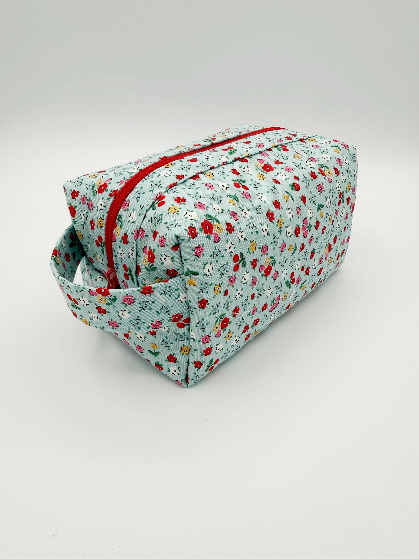 Small Blue Bitty Blossoms Quilted Boxy Bag, Handmade Toiletry Bag