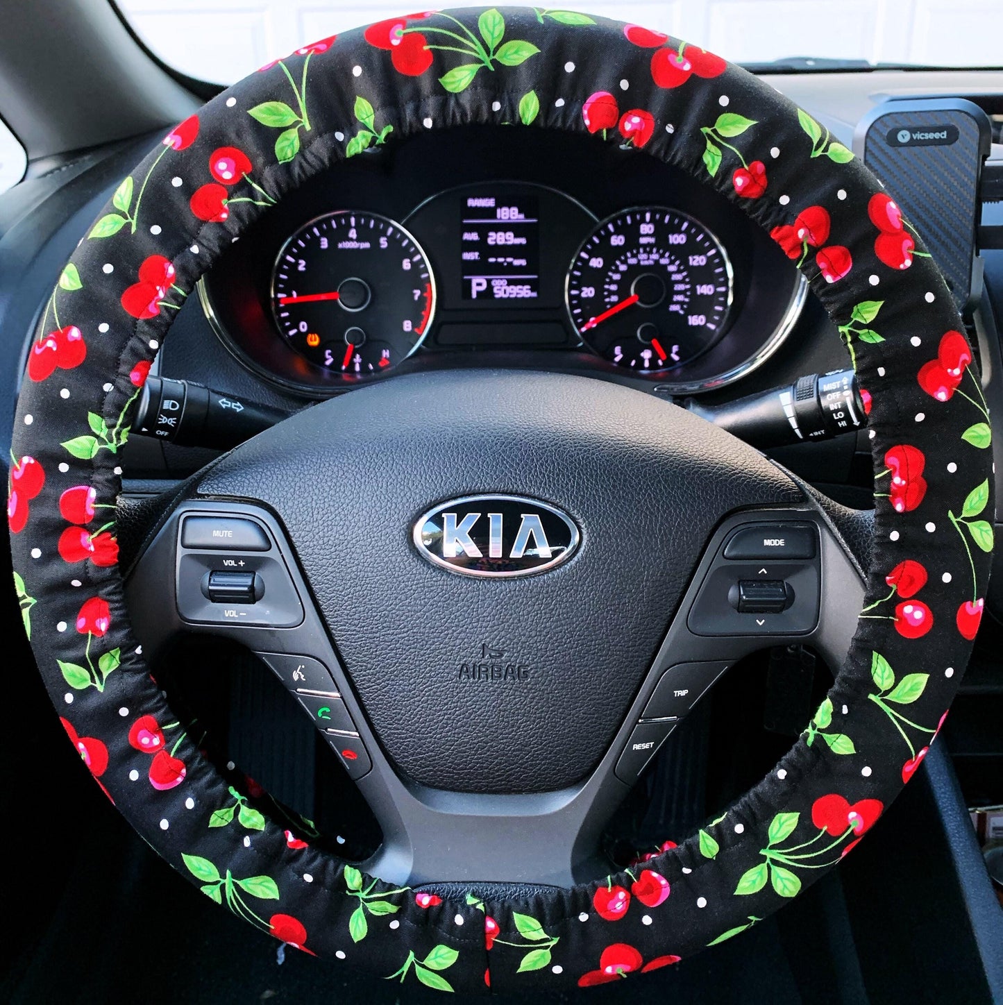 Cherries on Black Steering Wheel Cover