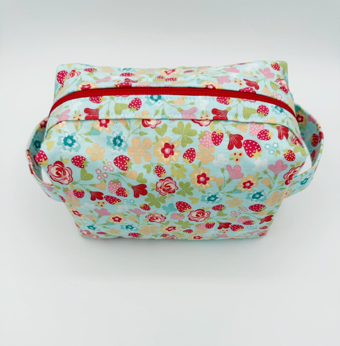 Blue Red Floral Strawberry Boxy Bag, Handmade Toiletry Case Size Medium