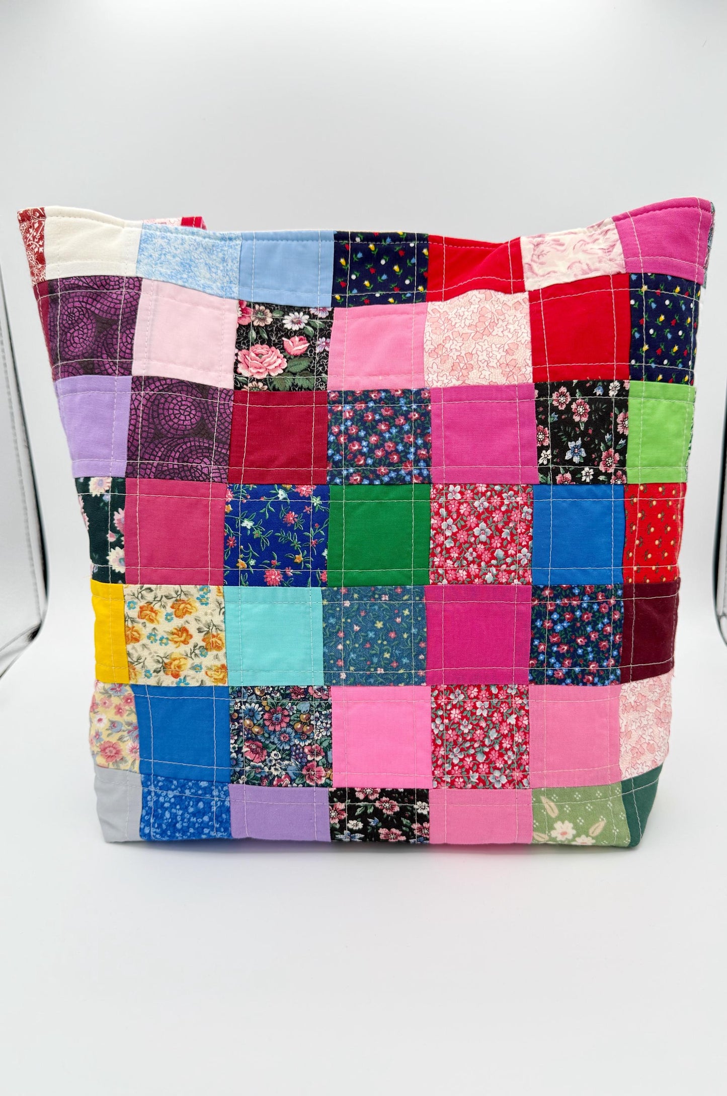 Vintage Fabric Patchwork Quilted Tote, Colorful Shoulder Bag