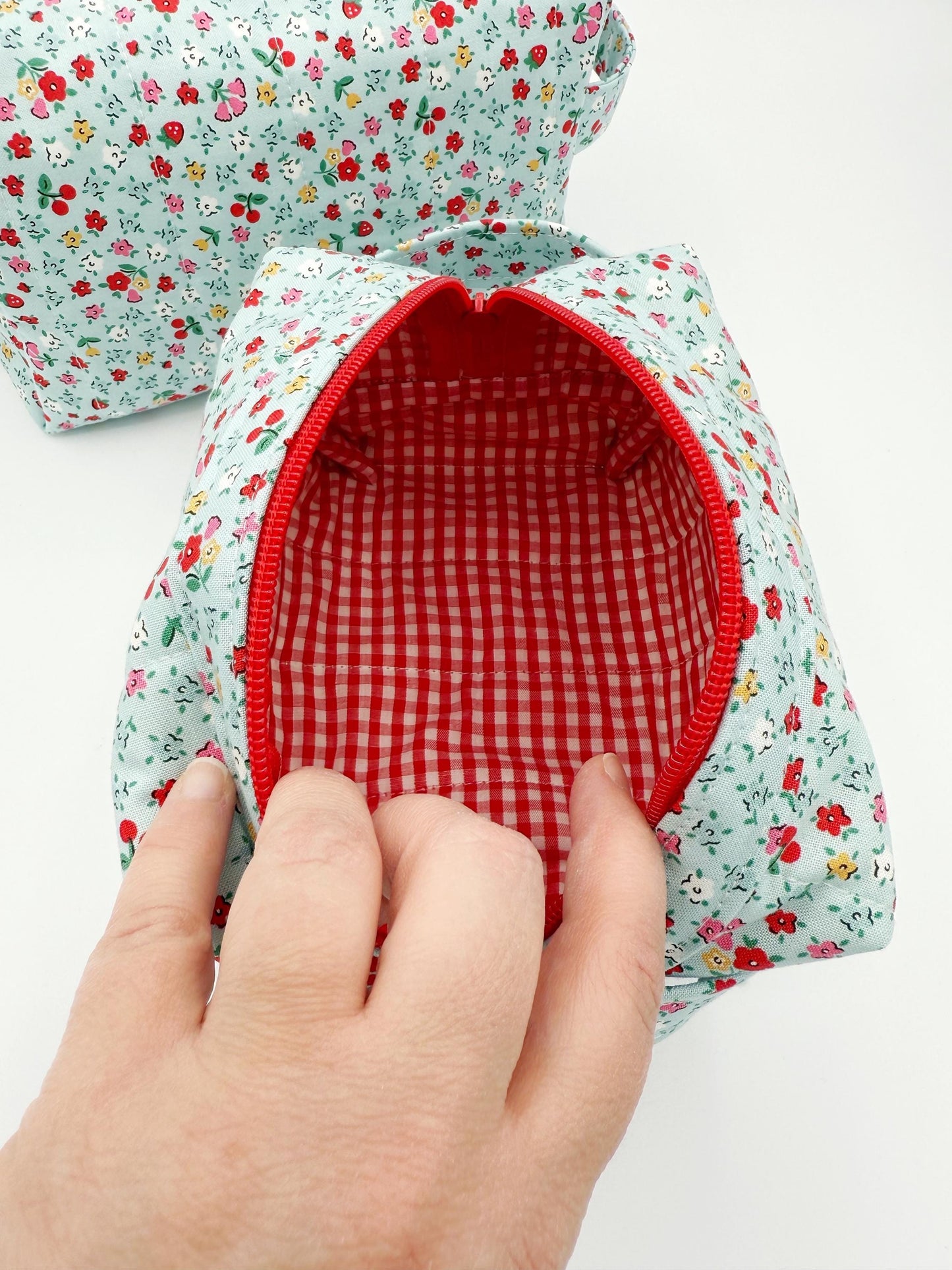 Small Blue Bitty Blossoms Quilted Boxy Bag, Handmade Toiletry Bag