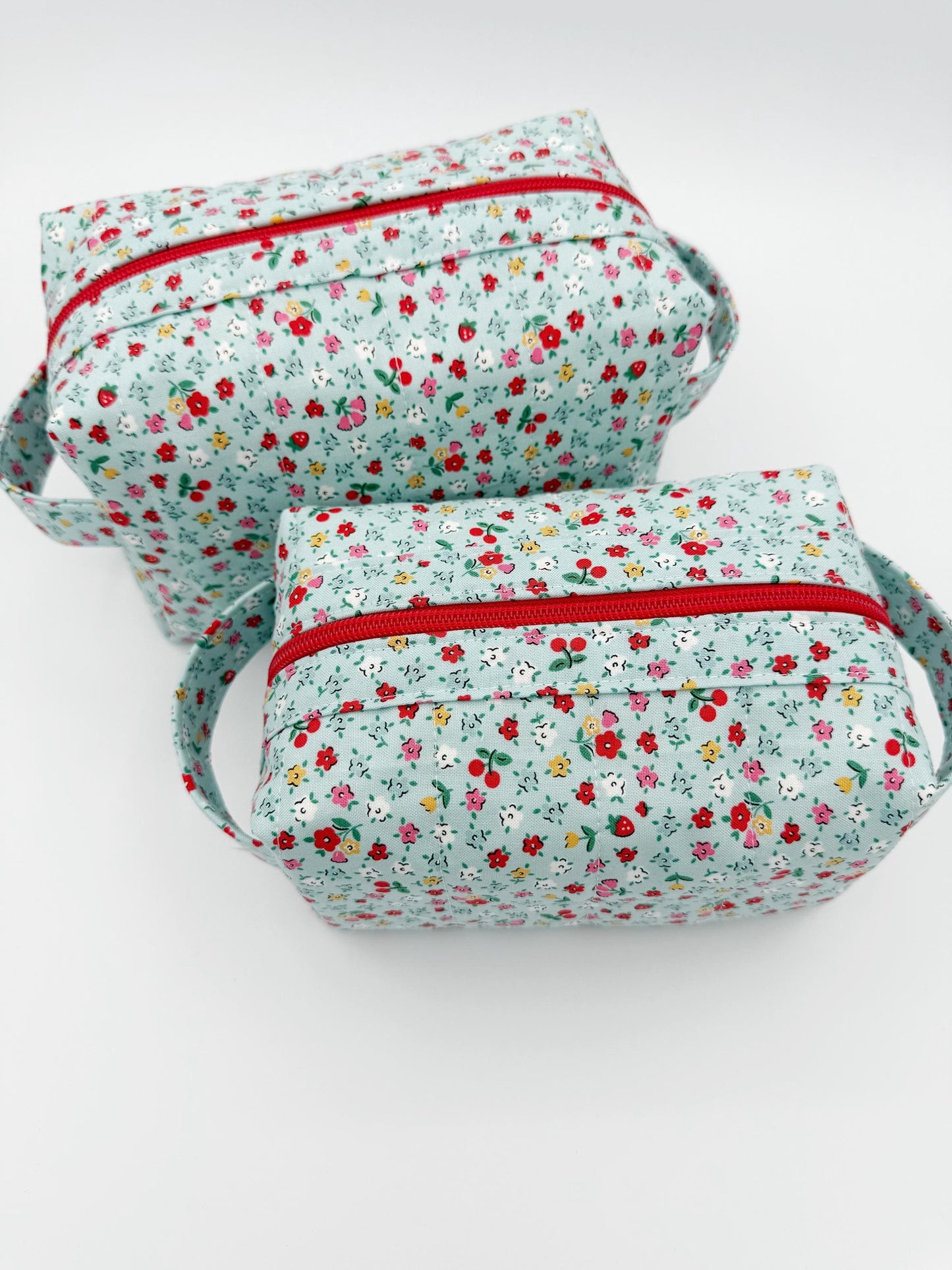 Small Blue Bitty Blossoms Quilted Boxy Bag, Handmade Toiletry Bag