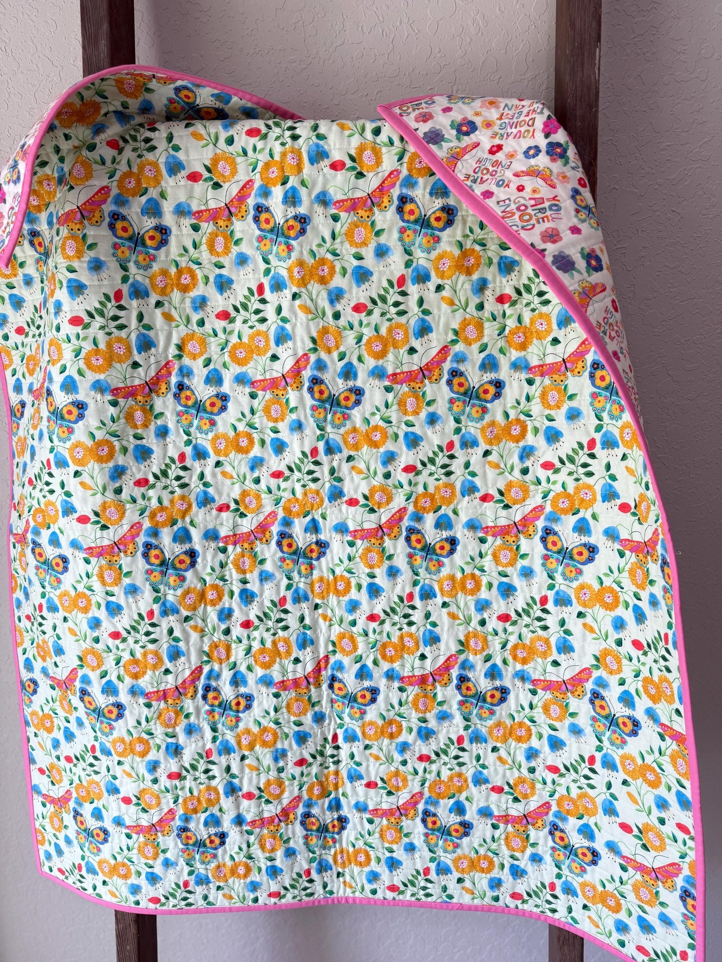 Handmade Butterfly Whole Cloth Quilt, Baby Size