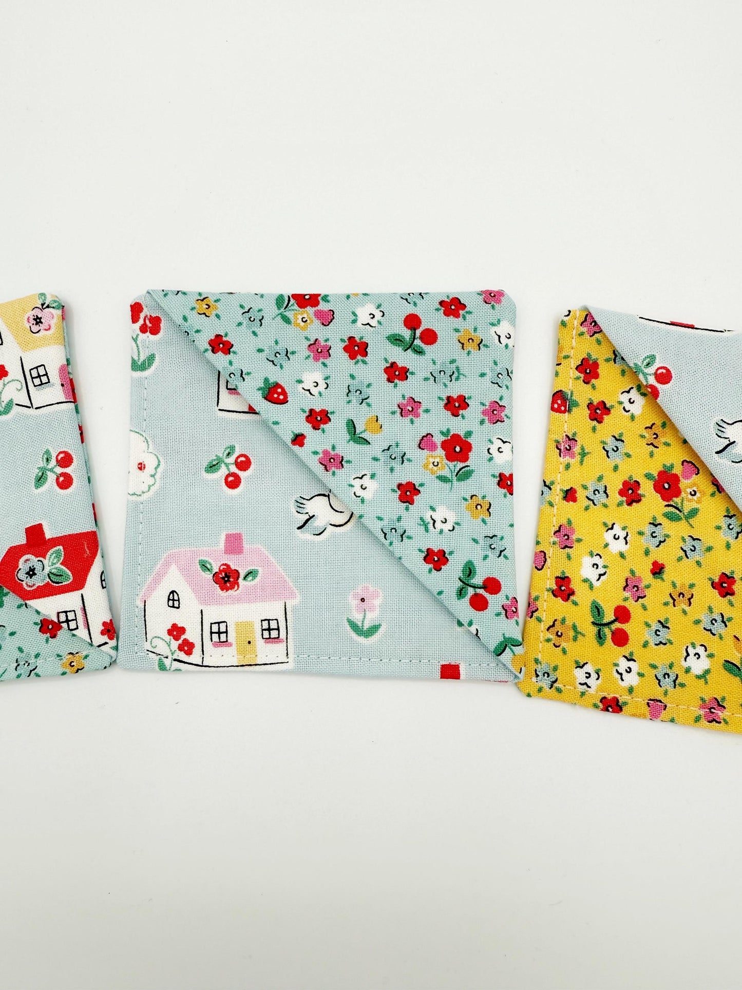 Cherry, Strawberry Bitty Blossoms Fabric Corner Bookmarks - Set of 3