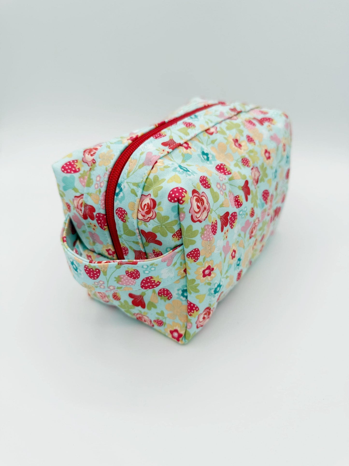 Blue Red Floral Strawberry Boxy Bag, Handmade Toiletry Case Size Medium