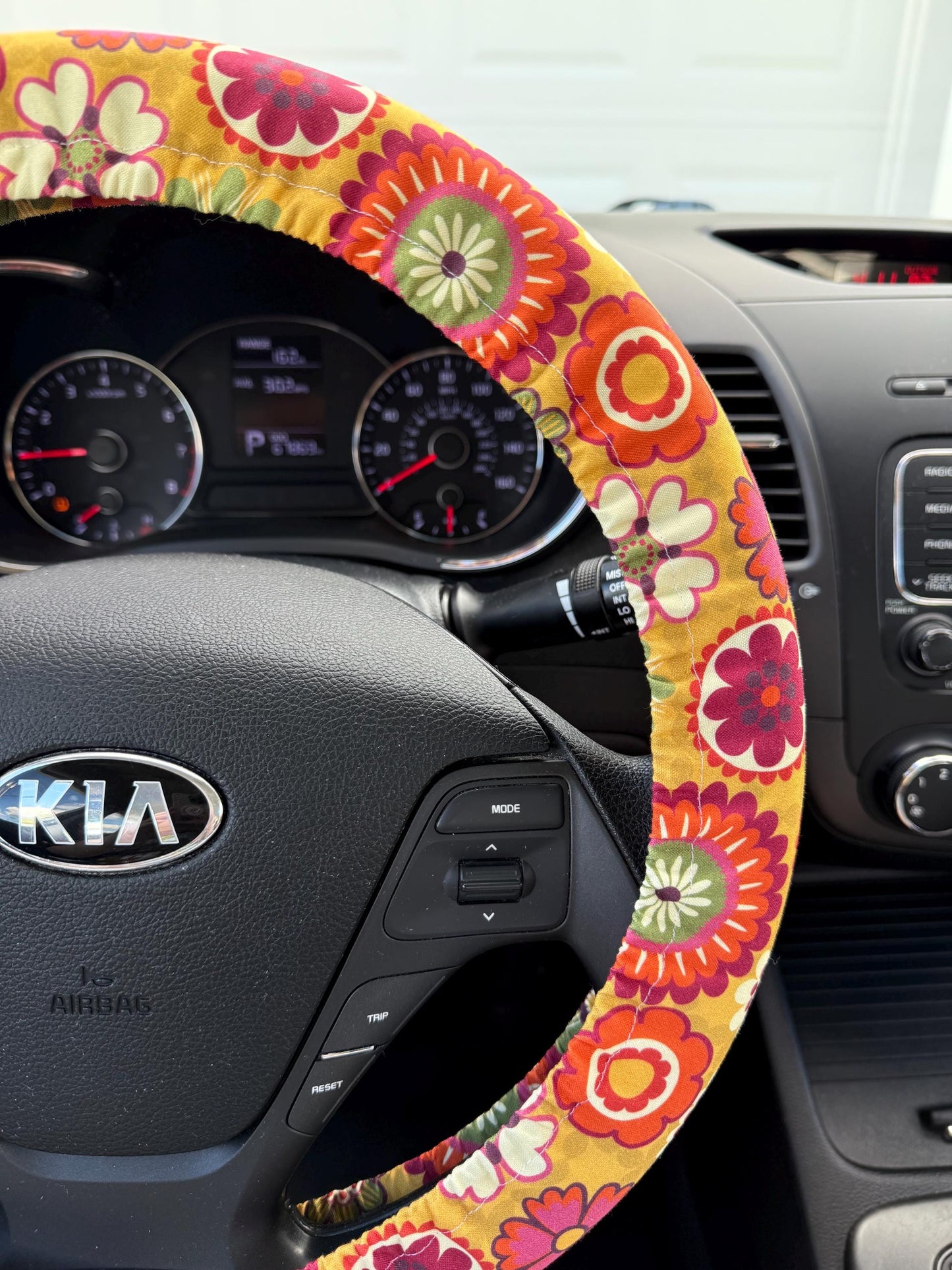 Yellow Green Retro Floral Steering Wheel Cover