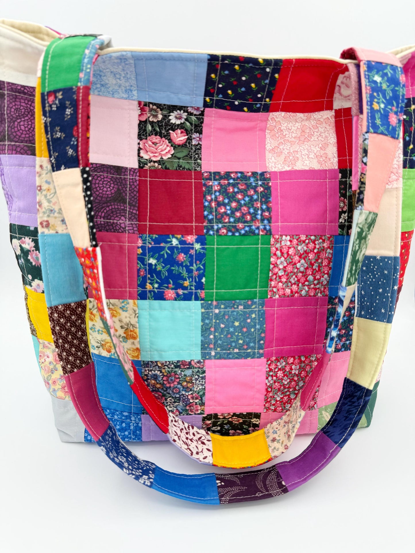Vintage Fabric Patchwork Quilted Tote, Colorful Shoulder Bag