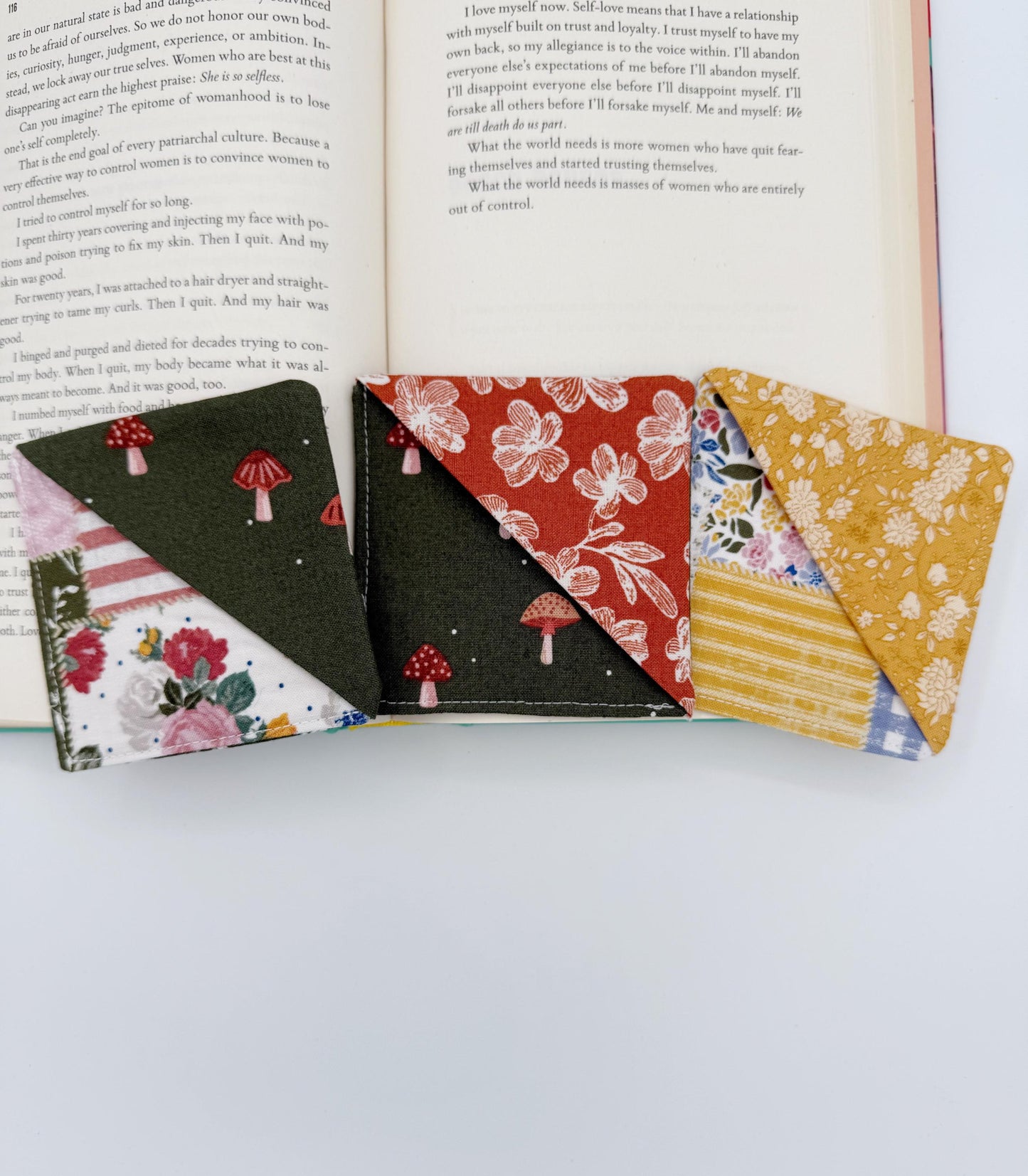 Patchwork, Mushrooms Fabric Corner Bookmarks - Set of 3