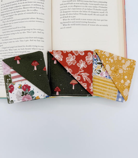 Patchwork, Mushrooms Fabric Corner Bookmarks - Set of 3