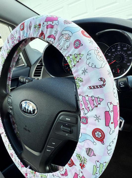 Pink Checker Santa Christmas Steering Wheel Cover