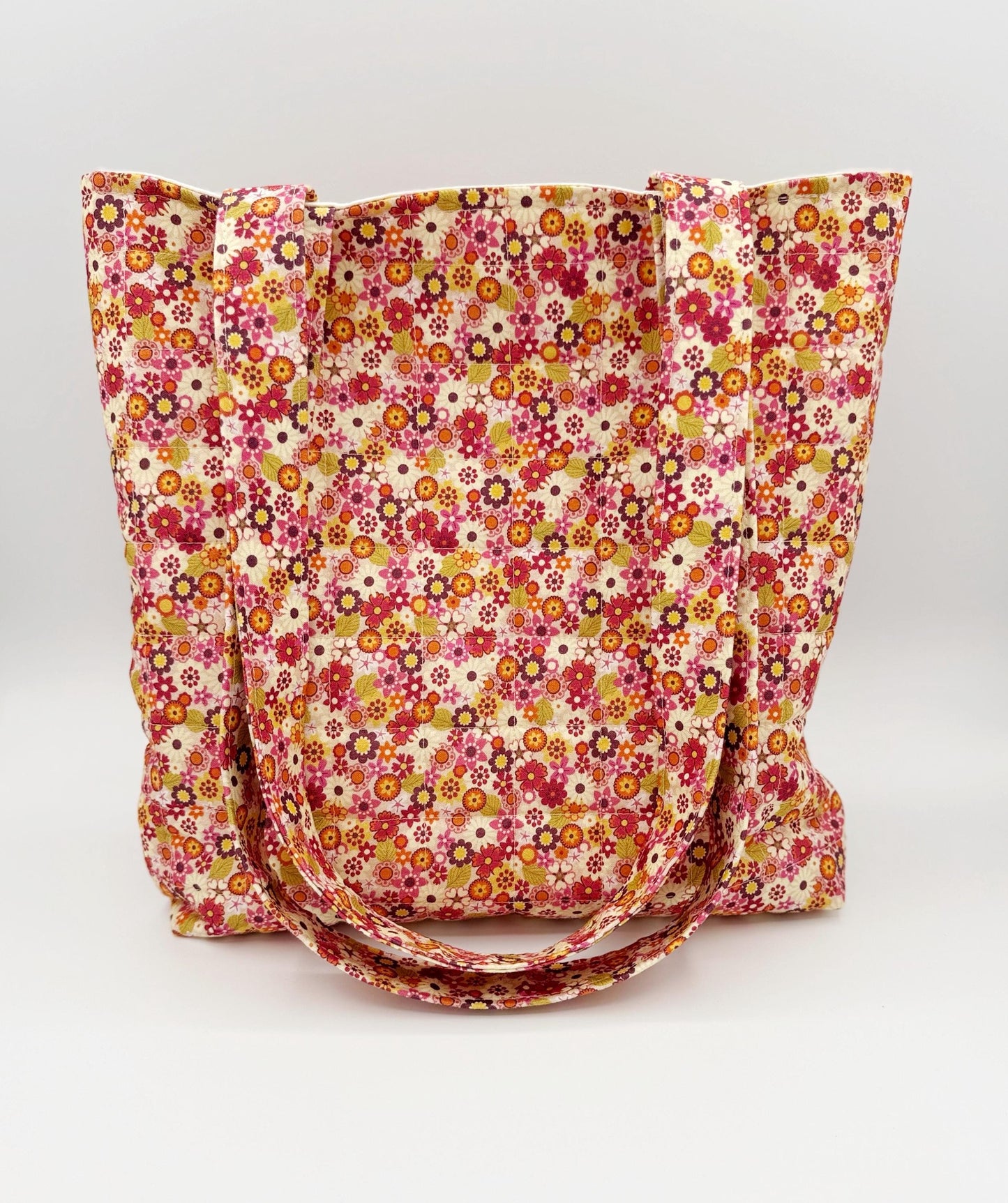 Retro Flower Power Quilted Tote, Handmade Cotton Shoulder Bag