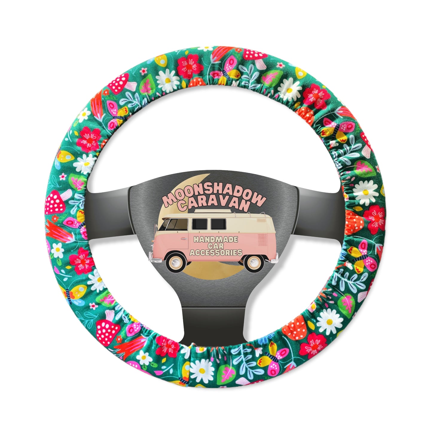 Green Woodland Steering Wheel Cover, Flowers & Mushrooms