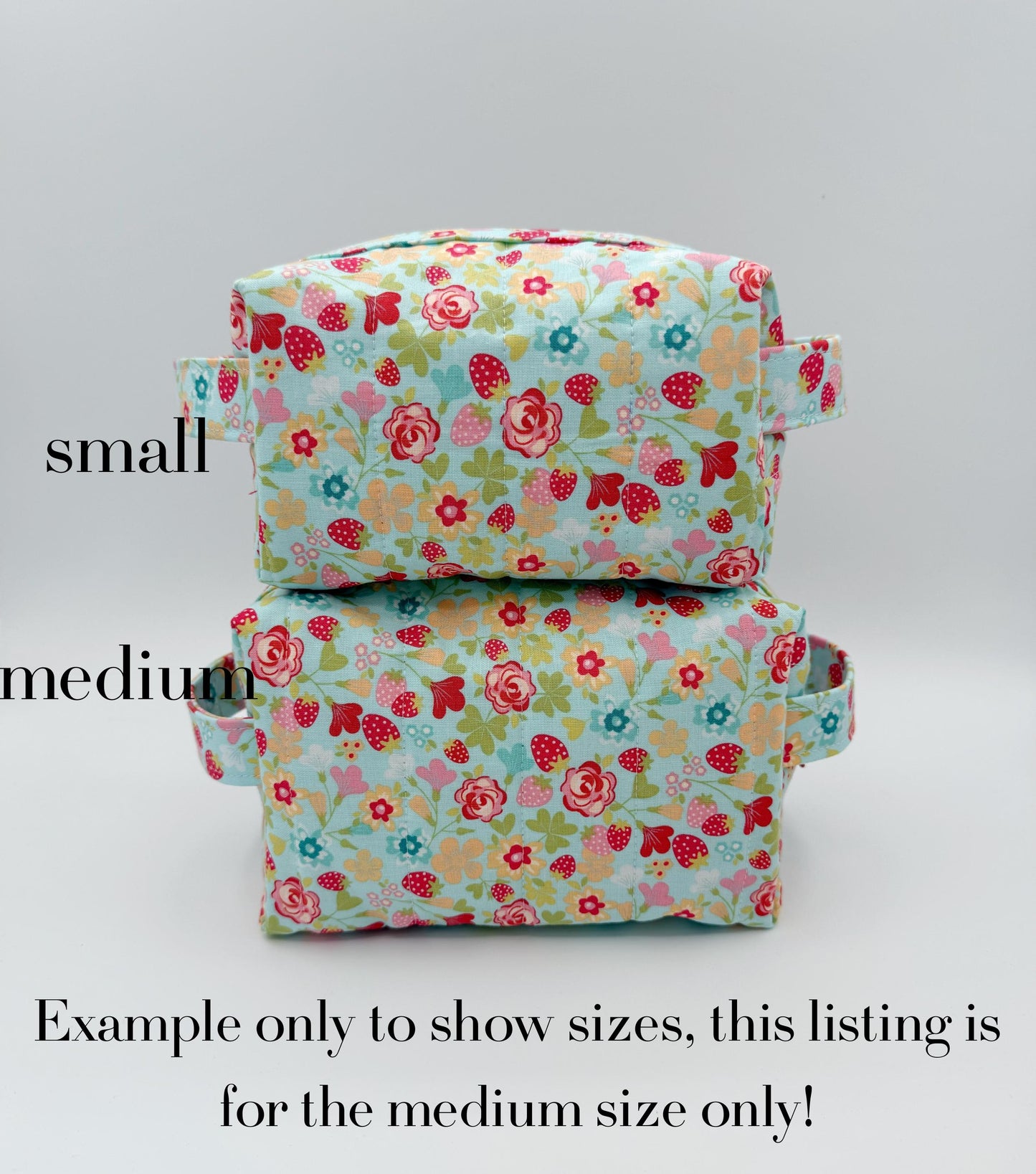 Blue Red Floral Strawberry Boxy Bag, Handmade Toiletry Case Size Medium