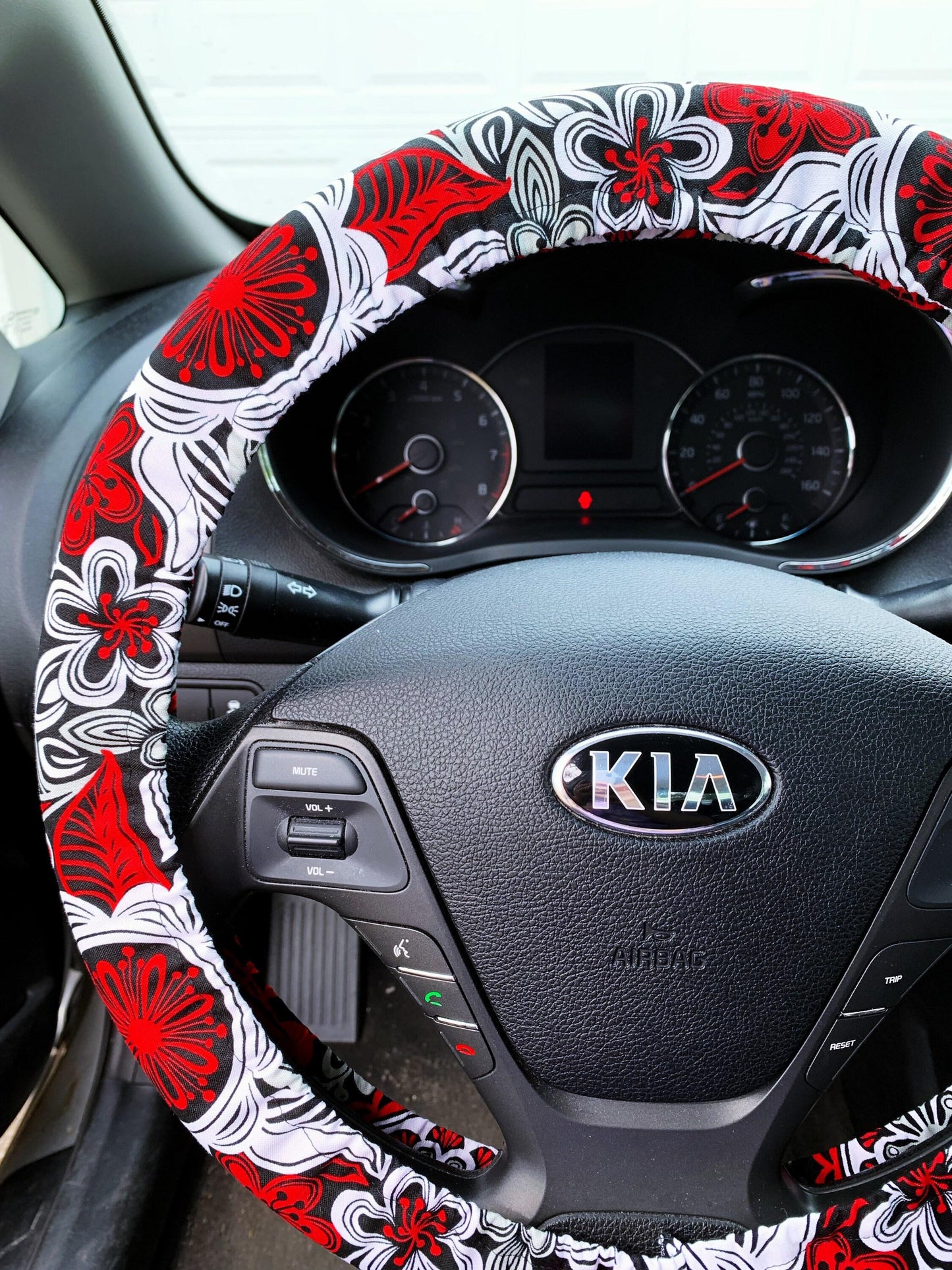 Red, Black Floral Steering Wheel Cover