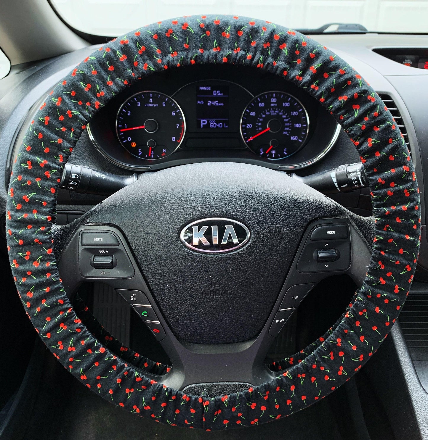 Tiny Cherries on Black Steering Wheel Cover