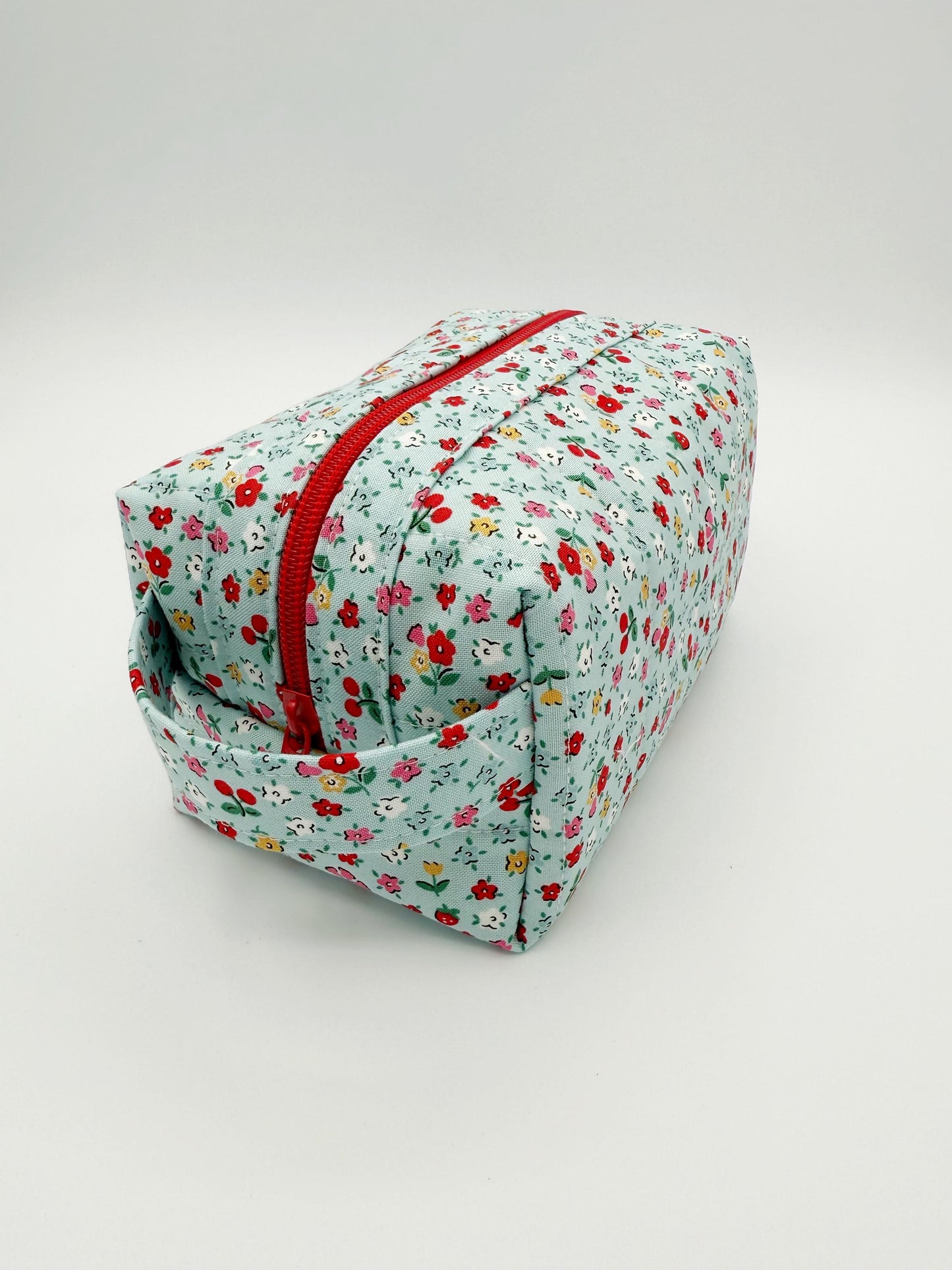 Small Blue Bitty Blossoms Quilted Boxy Bag, Handmade Toiletry Bag