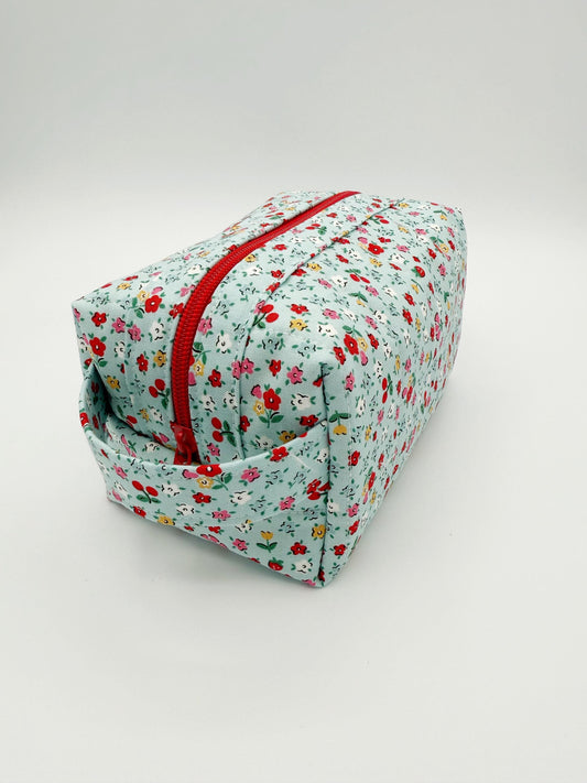 Small Blue Bitty Blossoms Quilted Boxy Bag, Handmade Toiletry Bag