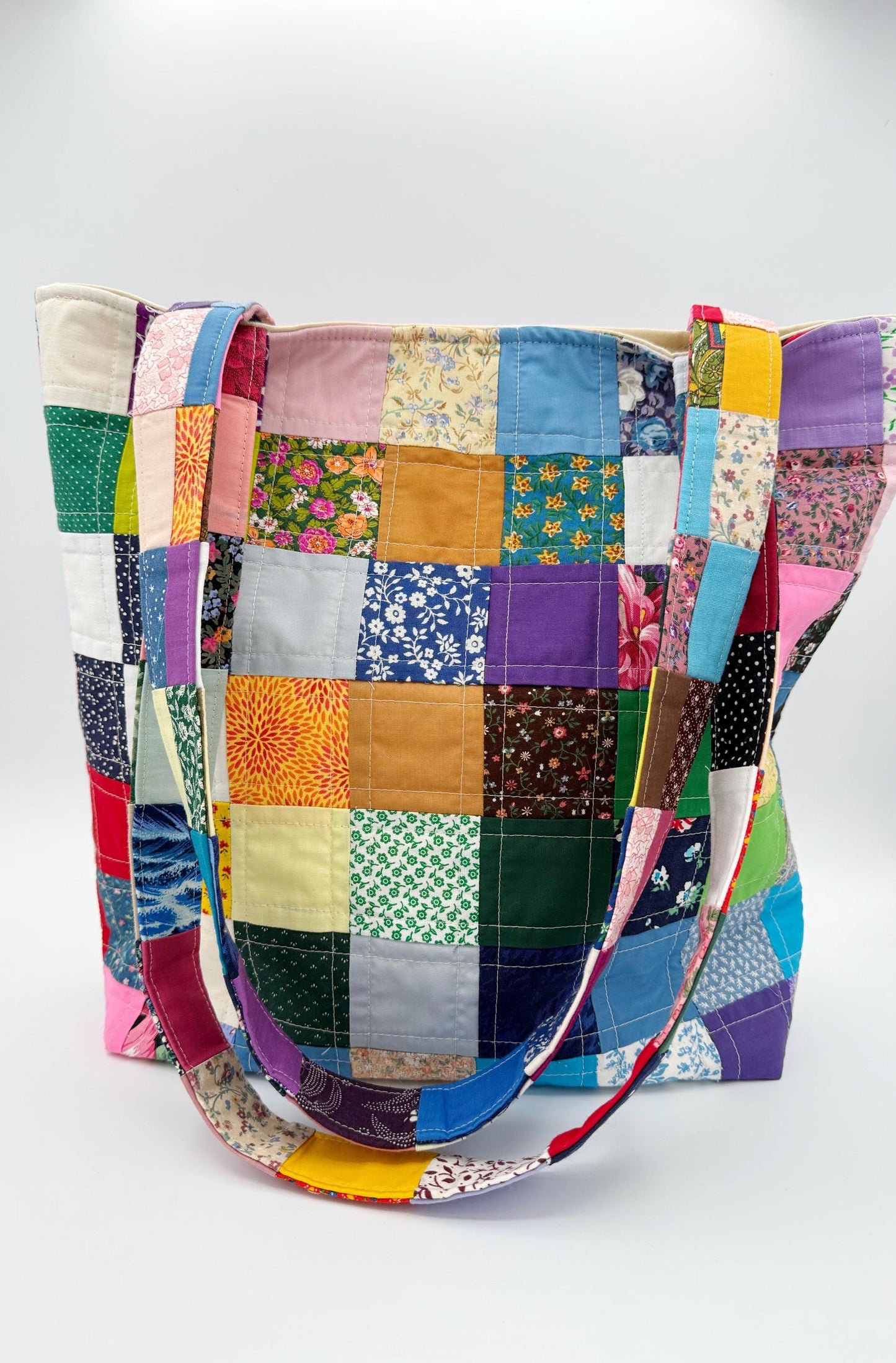 Vintage Fabric Patchwork Quilted Tote, Colorful Shoulder Bag