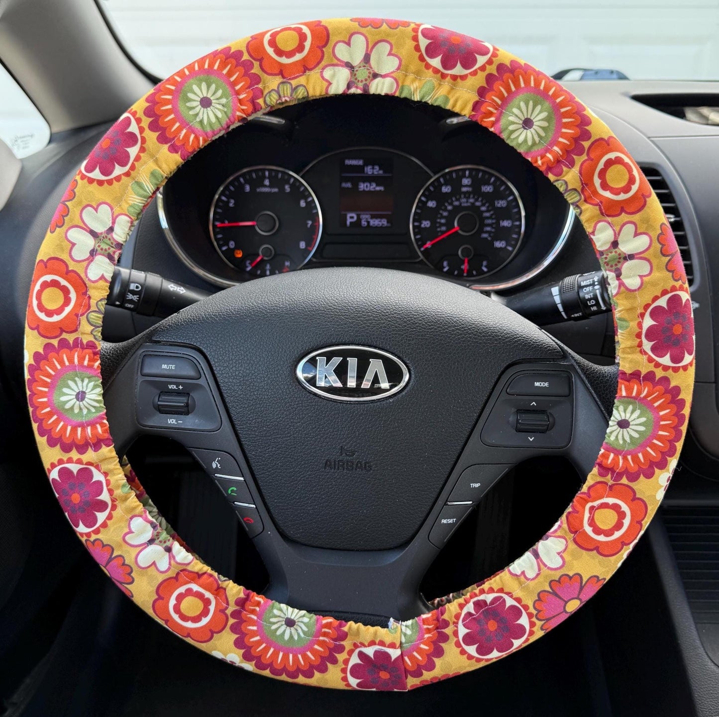 Yellow Green Retro Floral Steering Wheel Cover