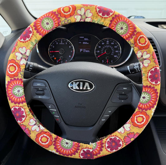 Yellow Green Retro Floral Steering Wheel Cover