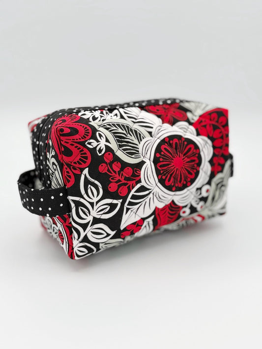 Red, Black Floral Boxy Bag, Travel Toiletry Case