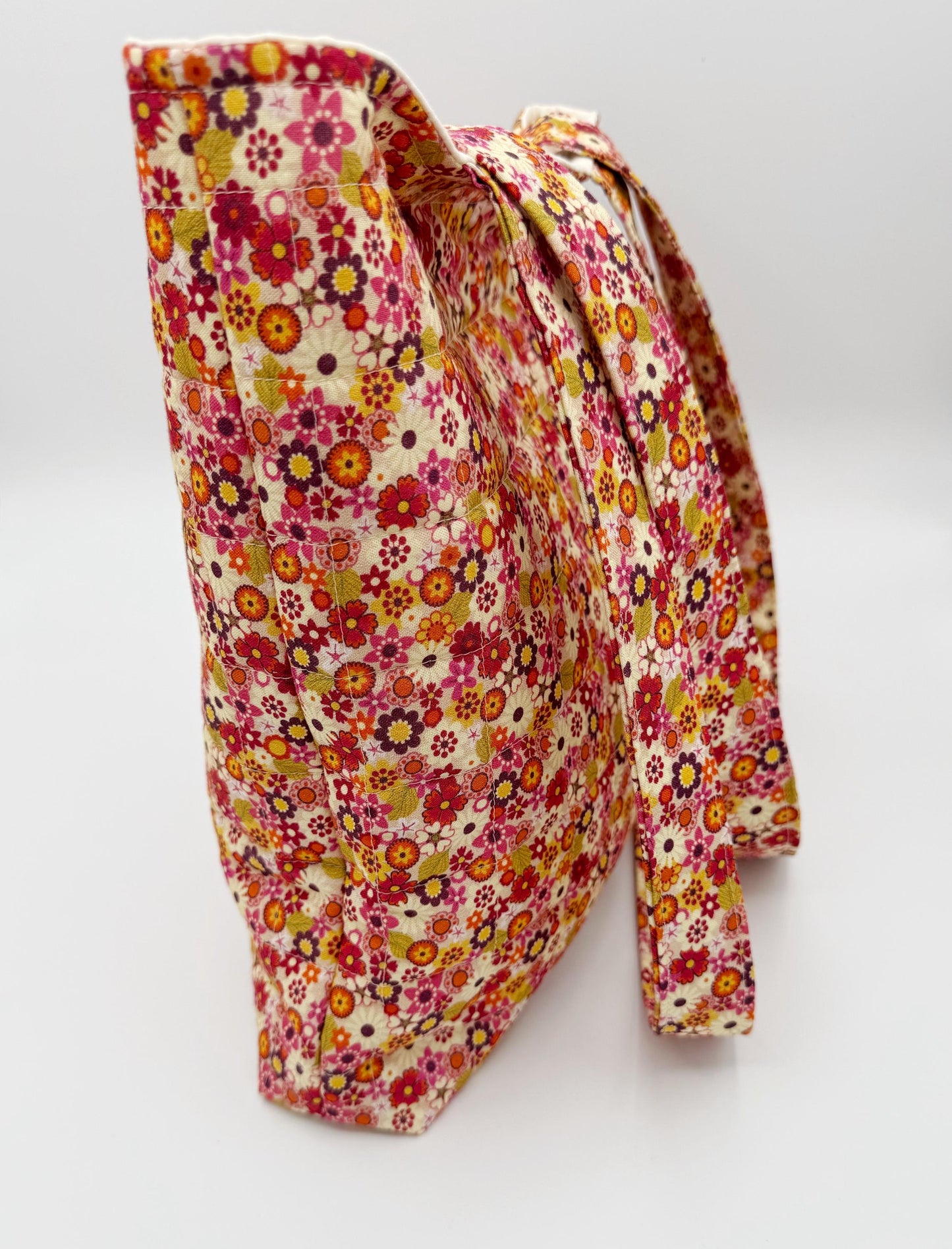 Retro Flower Power Quilted Tote, Handmade Cotton Shoulder Bag