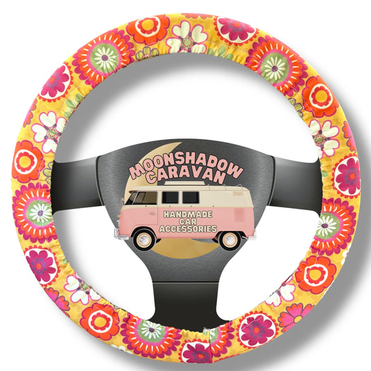 Yellow Green Retro Floral Steering Wheel Cover