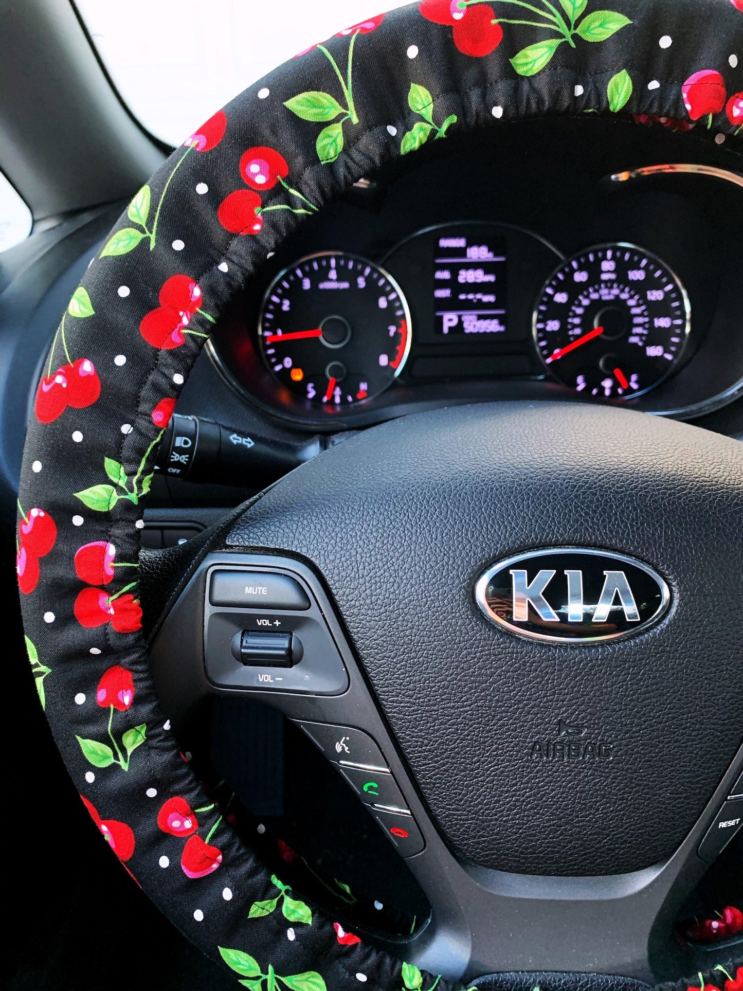 Cherries on Black Steering Wheel Cover