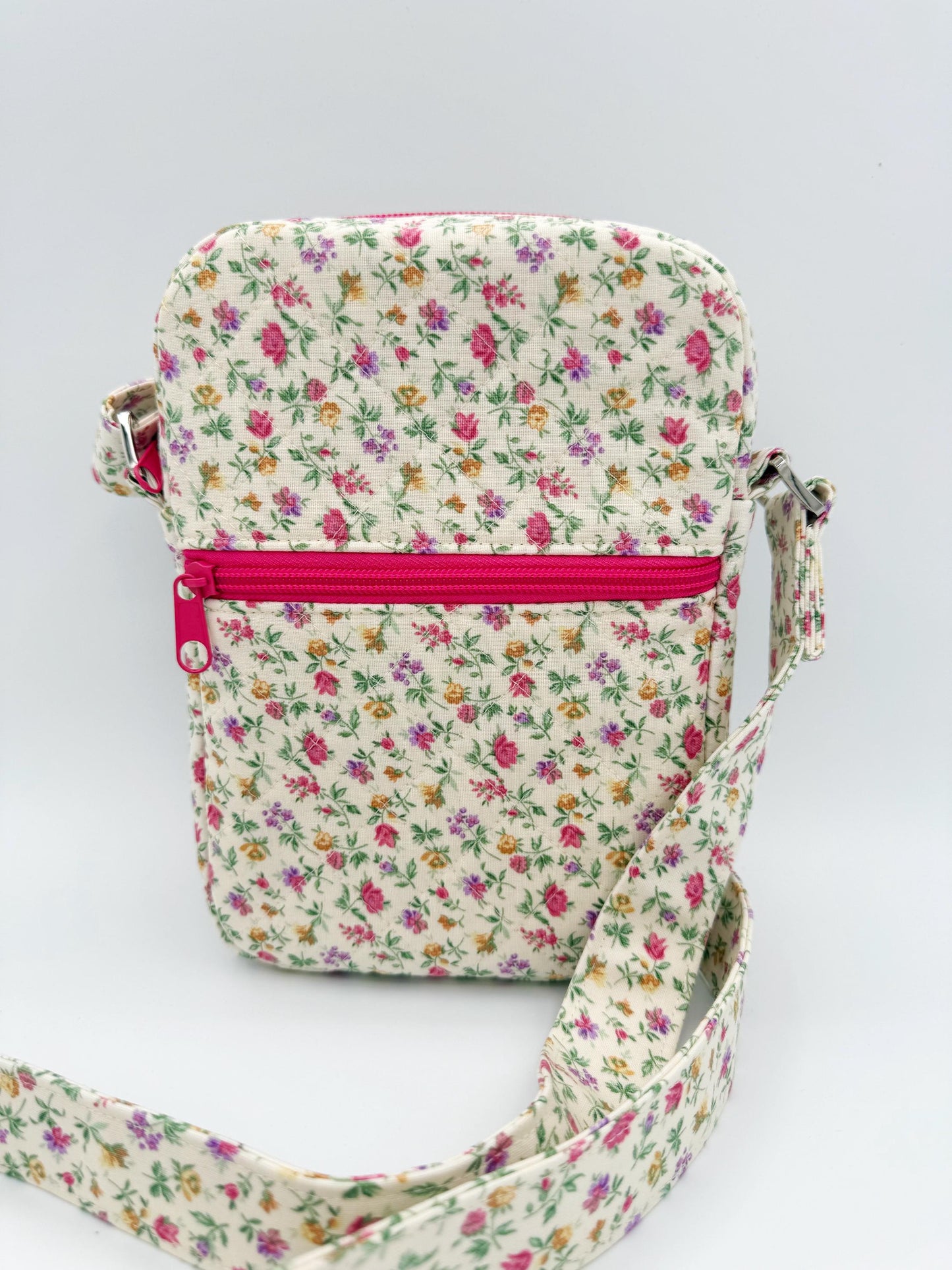 Pink, Purple Floral Quilted Crossbody Bag