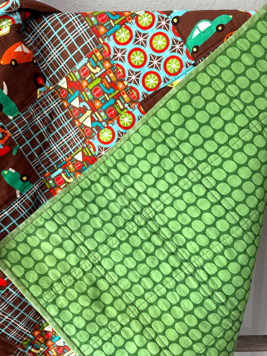 Handmade Vintage Car Baby Quilt, Cotton Baby Blanket