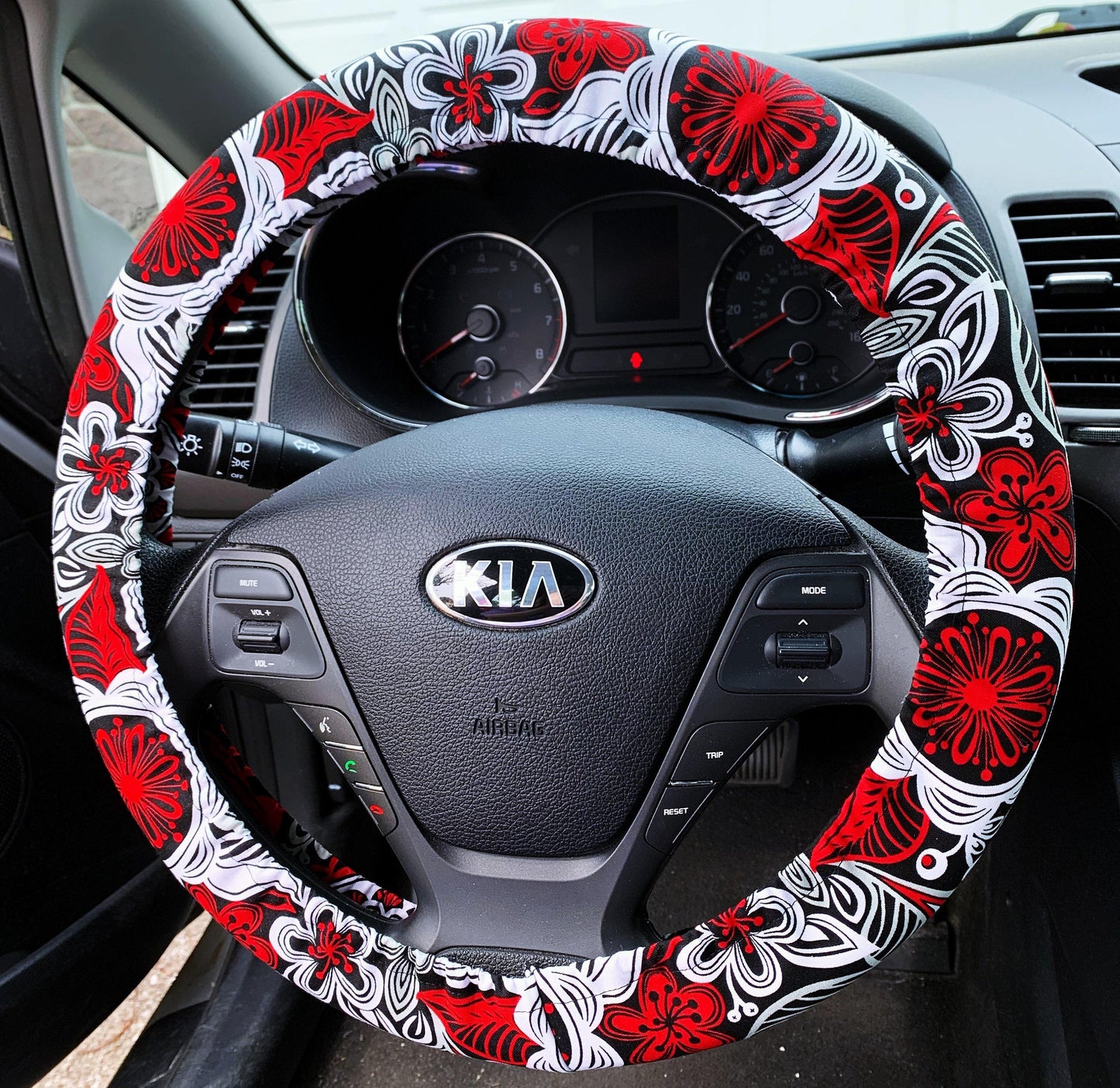 Red, Black Floral Steering Wheel Cover