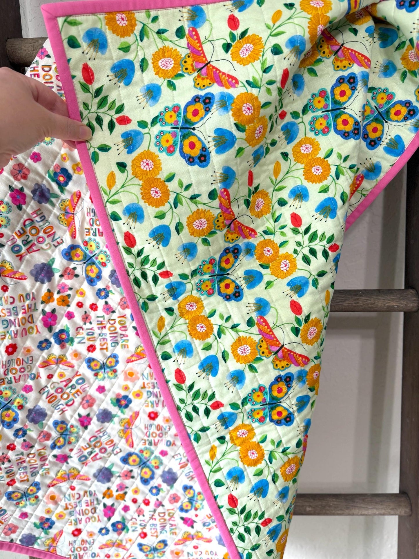 Handmade Butterfly Whole Cloth Quilt, Baby Size