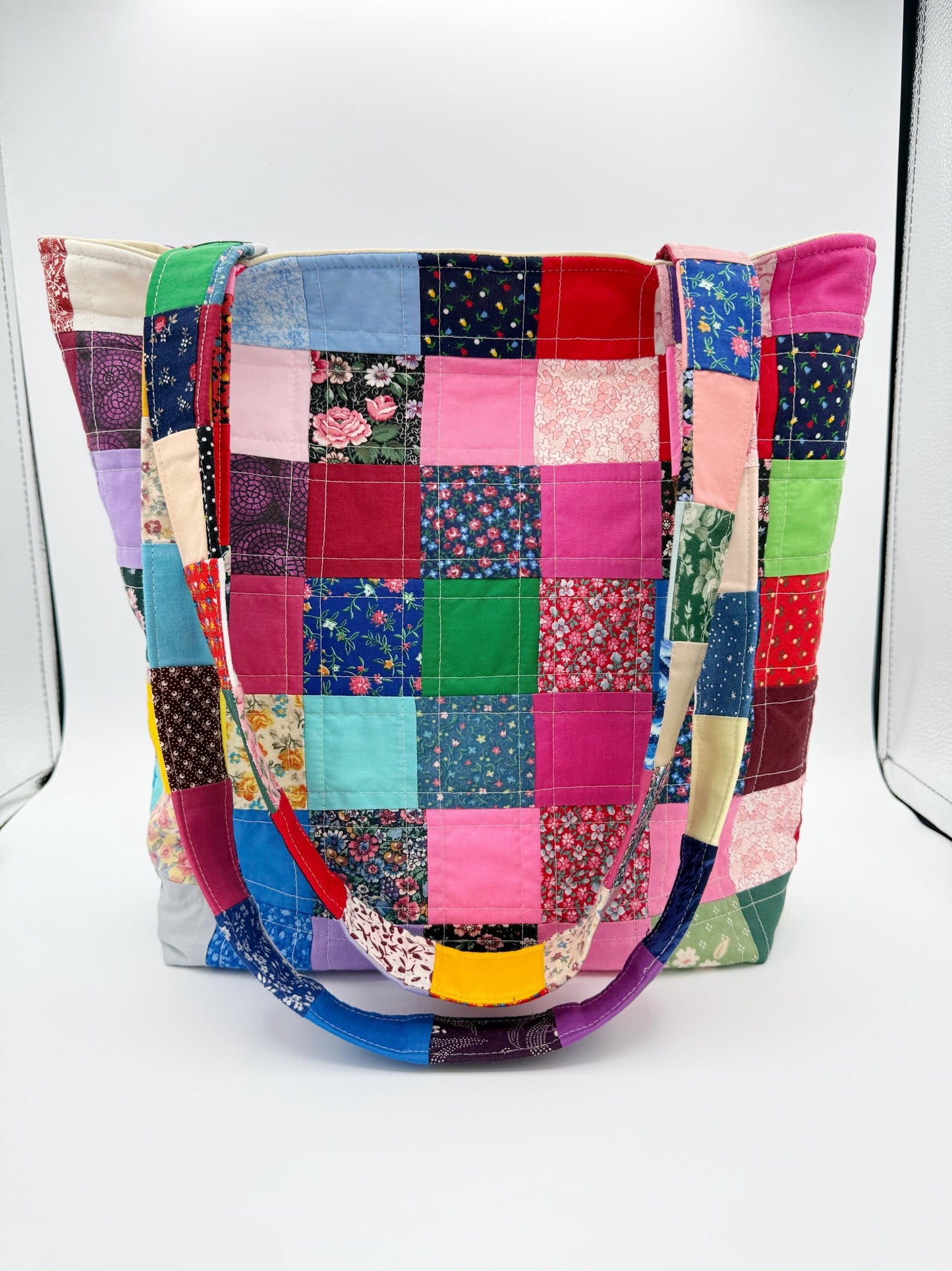 Vintage Fabric Patchwork Quilted Tote, Colorful Shoulder Bag