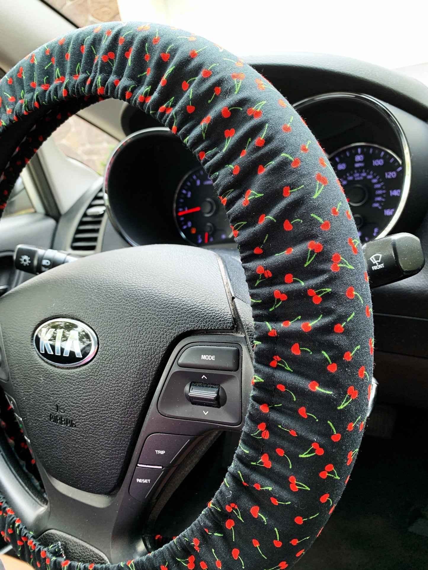 Tiny Cherries on Black Steering Wheel Cover
