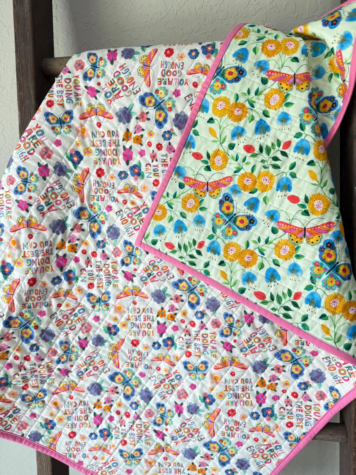 Handmade Butterfly Whole Cloth Quilt, Baby Size