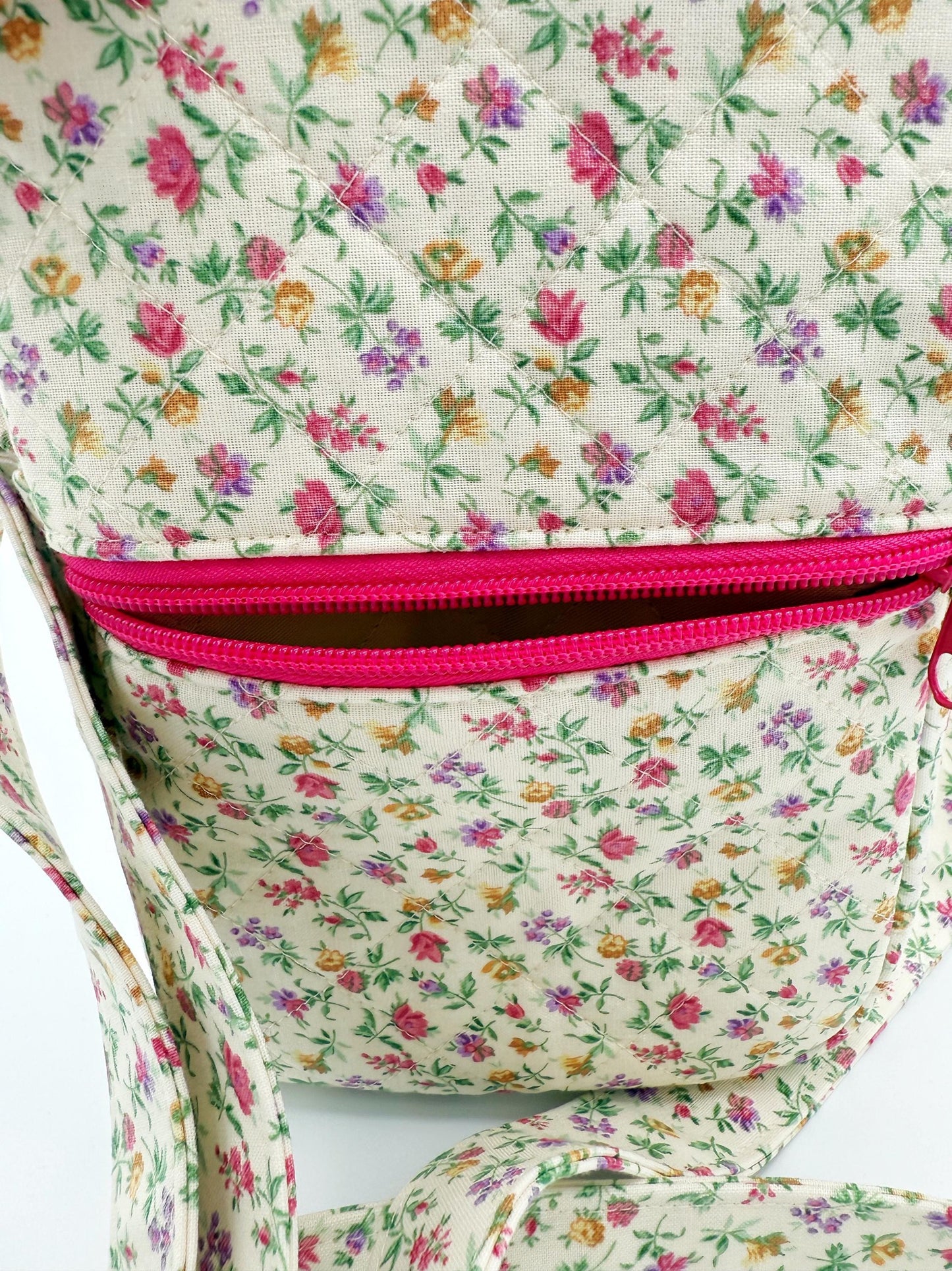 Pink, Purple Floral Quilted Crossbody Bag