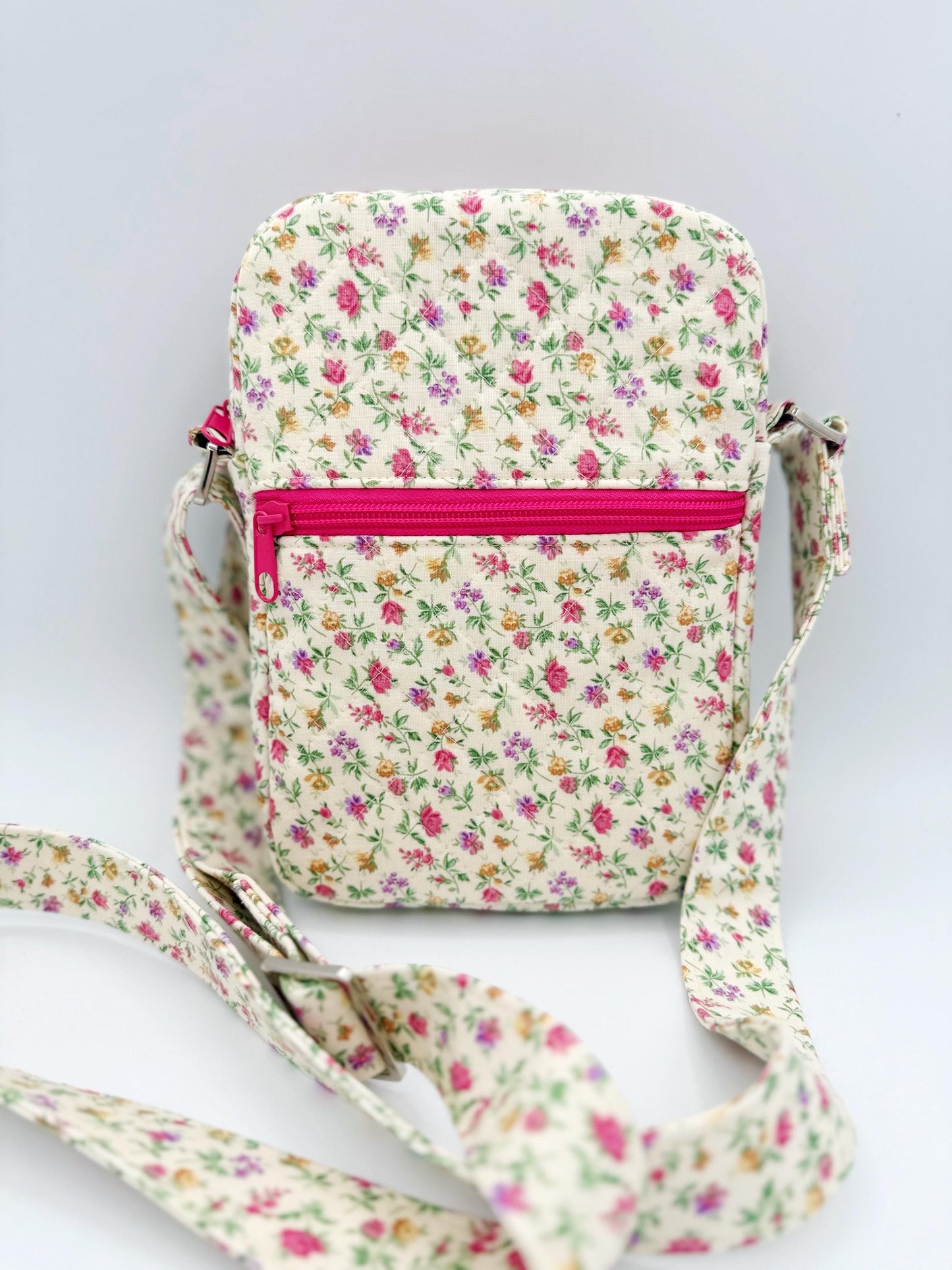 Pink, Purple Floral Quilted Crossbody Bag